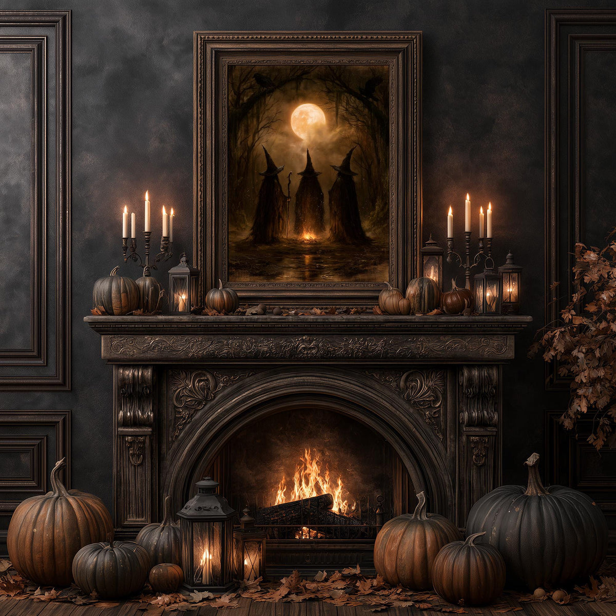 Autumn hearth surrounded by pumpkins and candlelight under the moonlit coven print