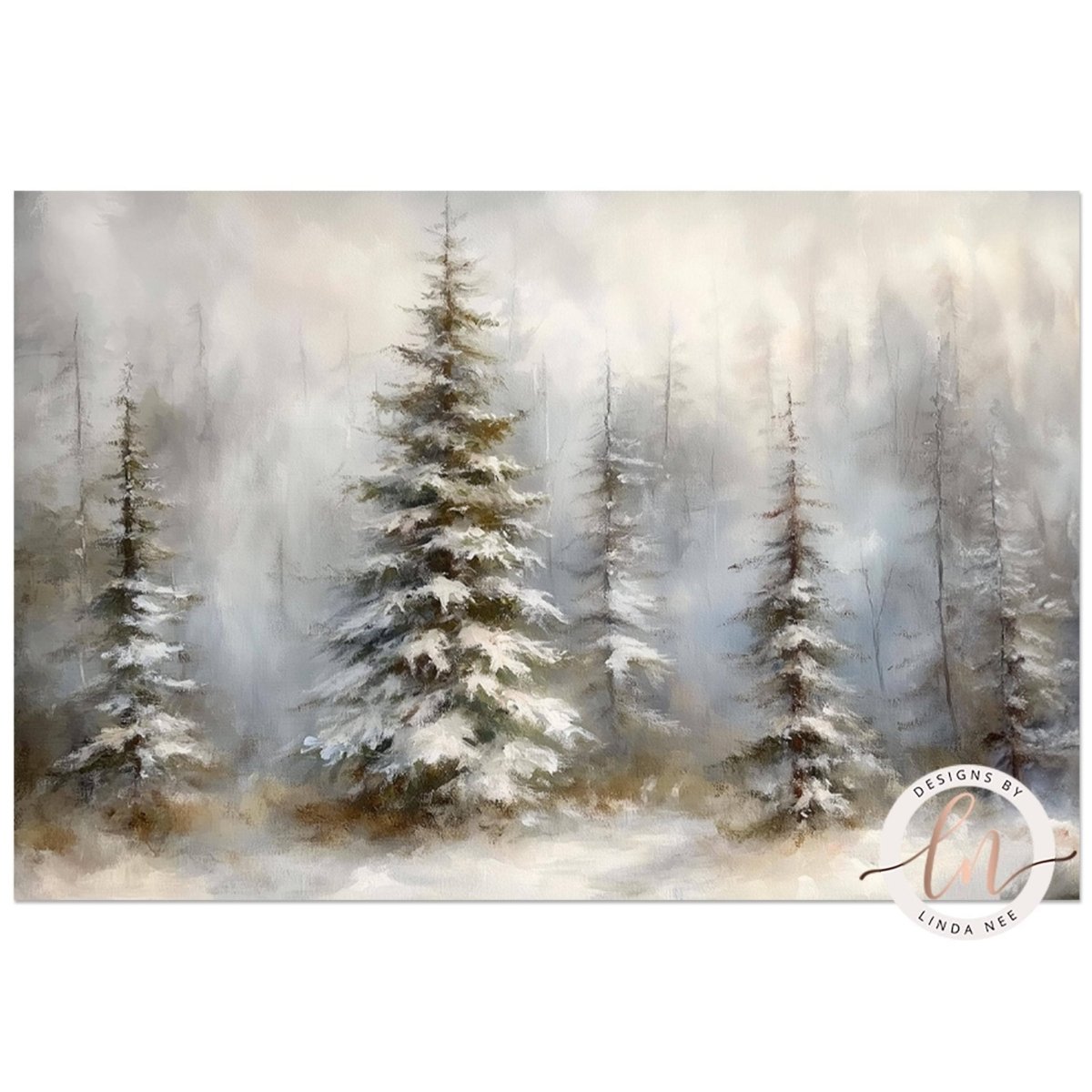 Tall pine trees heavy with snow receding into a quiet winter forest