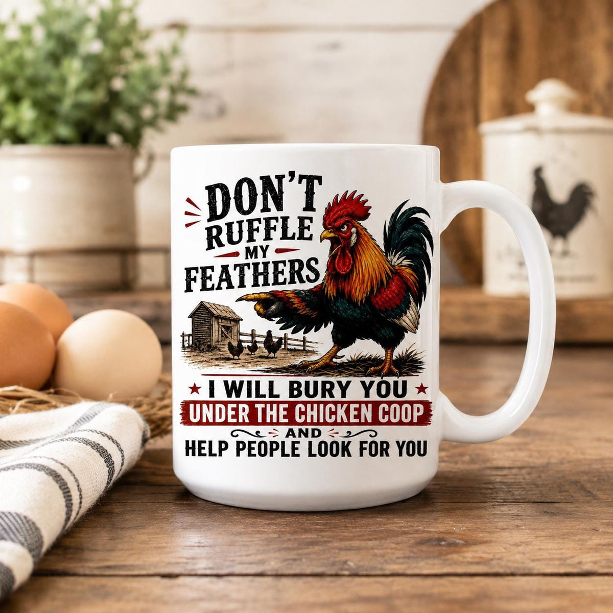 Rooster mug on a rustic wooden table with brown eggs, a striped towel, a potted plant and a rooster canister