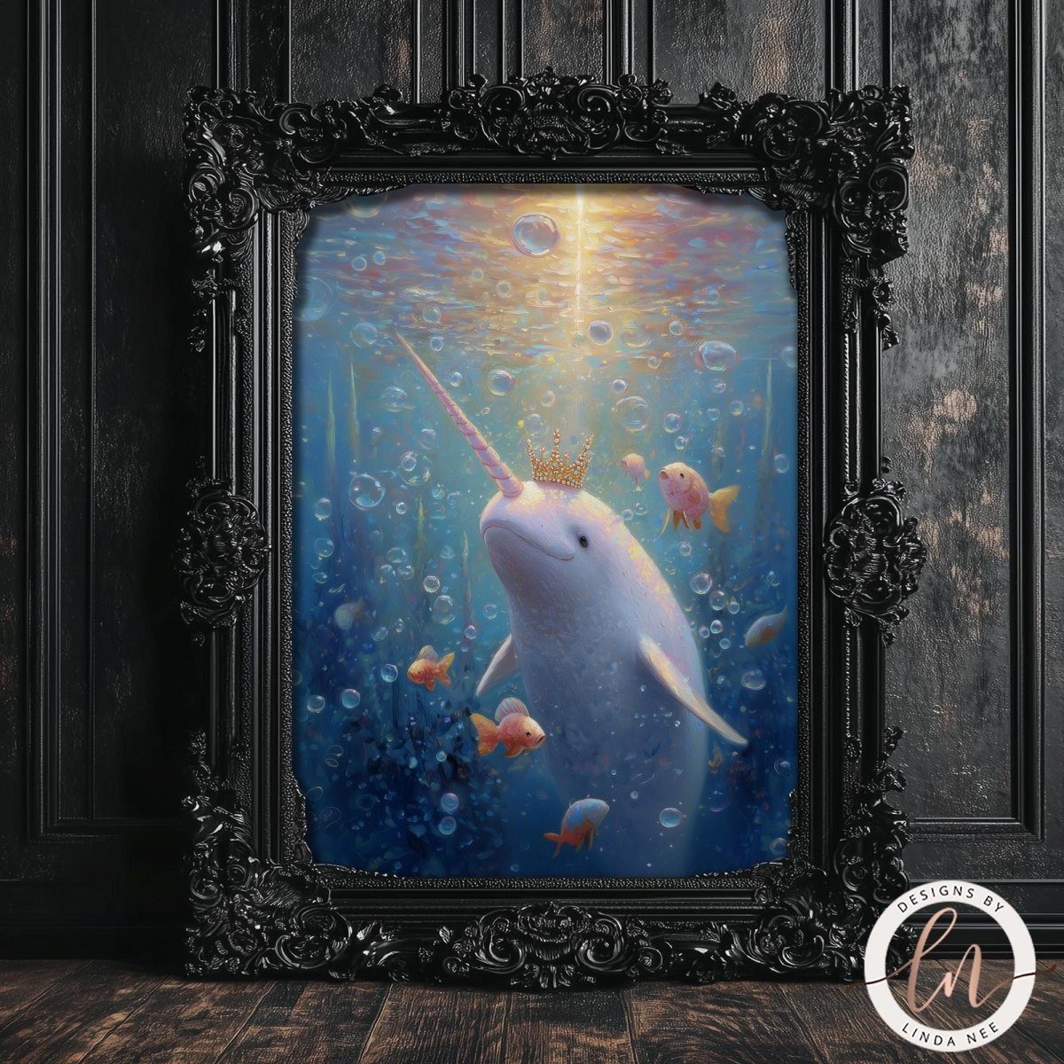 A framed painting depicting a white unicorn with a golden horn and a crown, surrounded by bubbles and fish in a blue underwater scene.