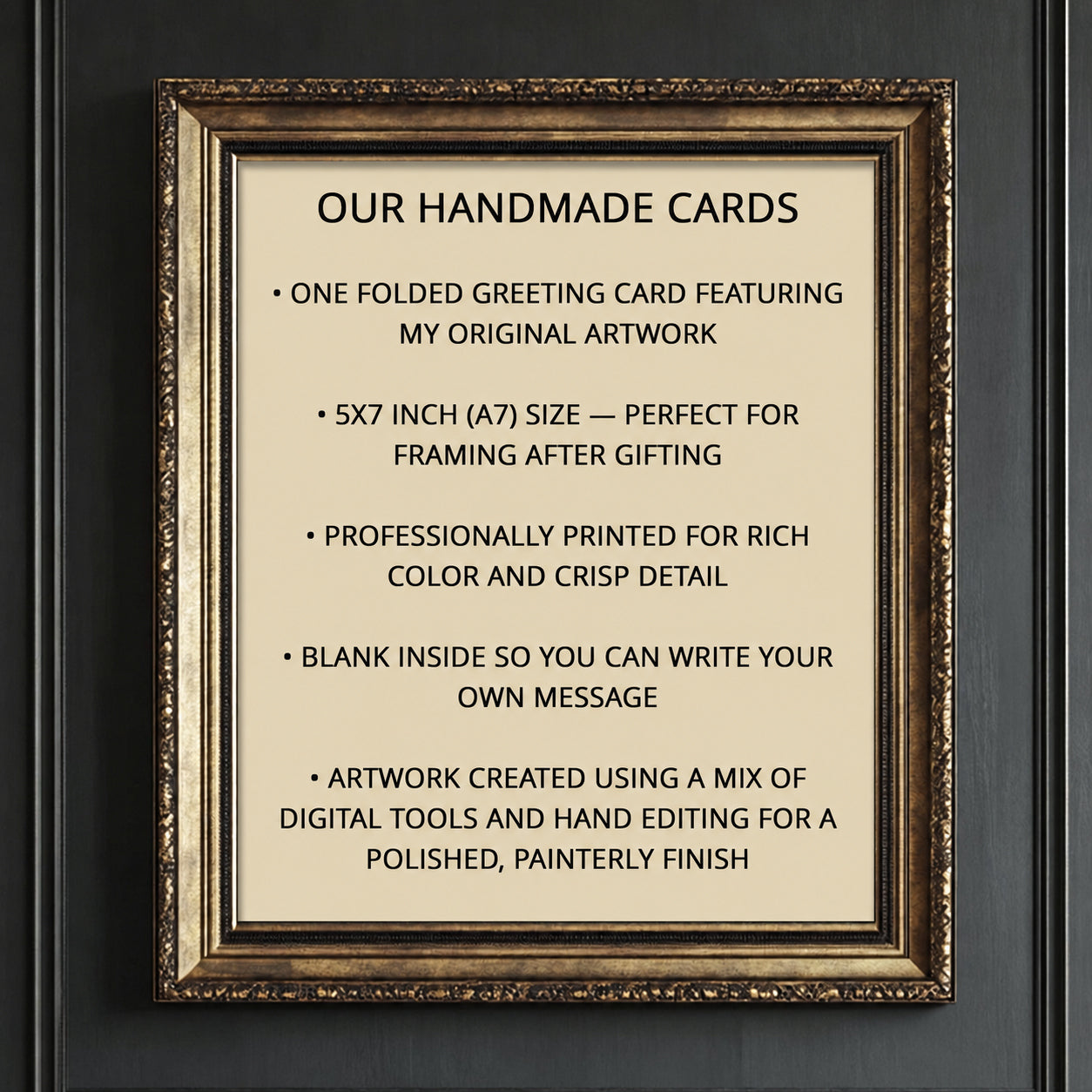 a framed sign with text that provides information about handmade cards.