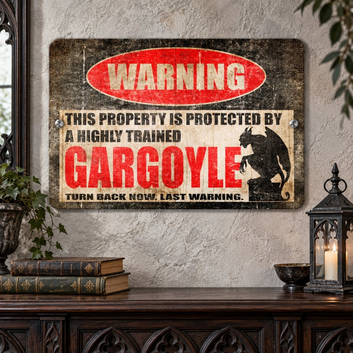 a vintage-style sign that reads "WARNING: THIS PROPERTY IS PROTECTED BY A highly trained gargoyle. TURN BACK NOW, LAST WARNING." The sign is mounted on a wall above a wooden shelf with books and a candle.