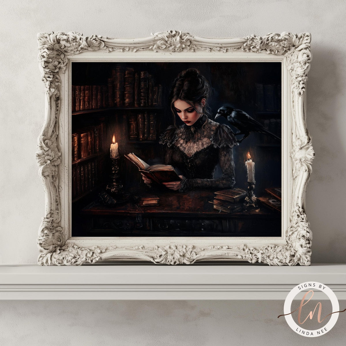 A woman is sitting at a desk, reading a book, with a candle and a bird perched on her shoulder. The background is dark and features a bookshelf filled with books.