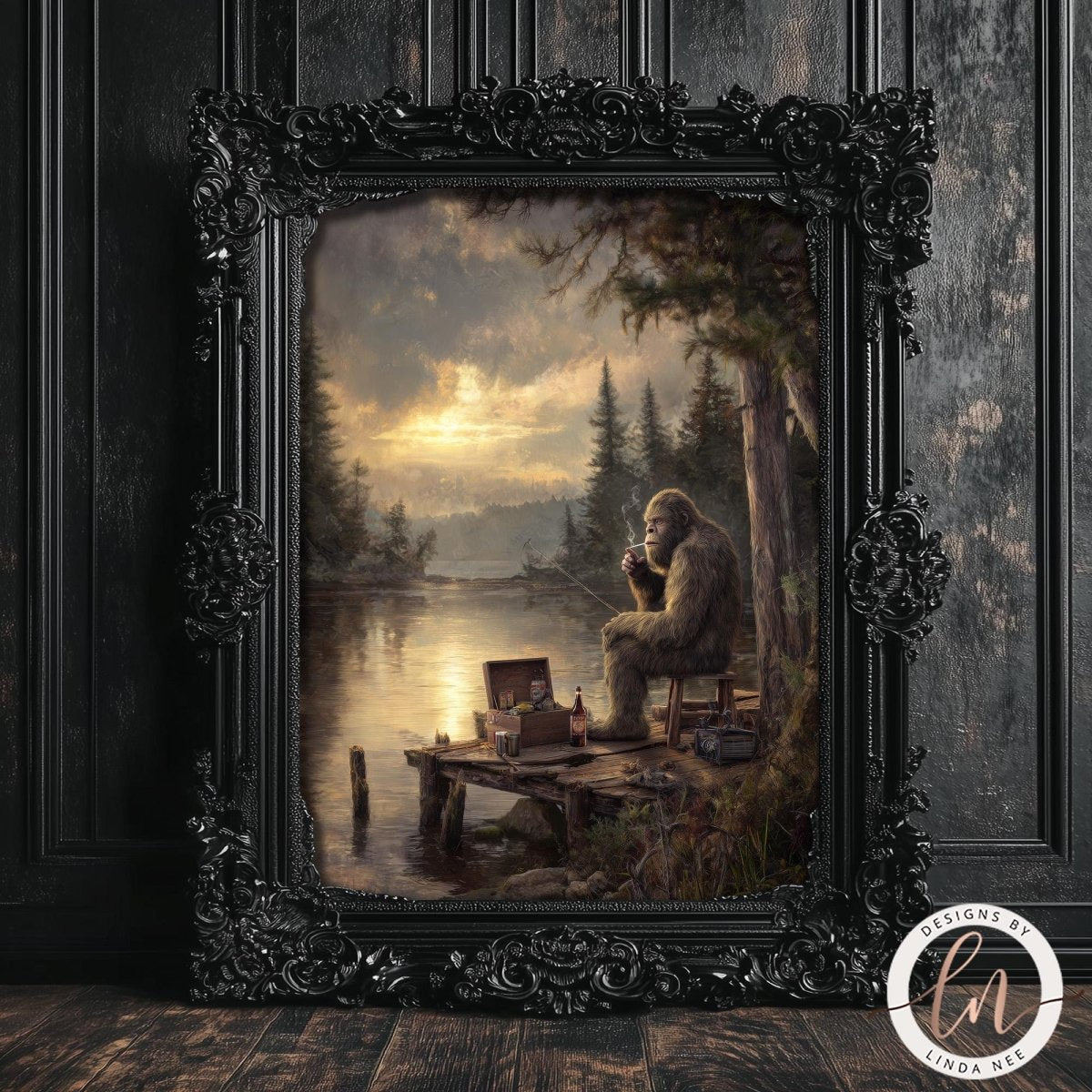 A large, ornate black frame surrounds a painting depicting a person sitting on a dock, holding a drink and surrounded by a forested landscape with a lake in the background.