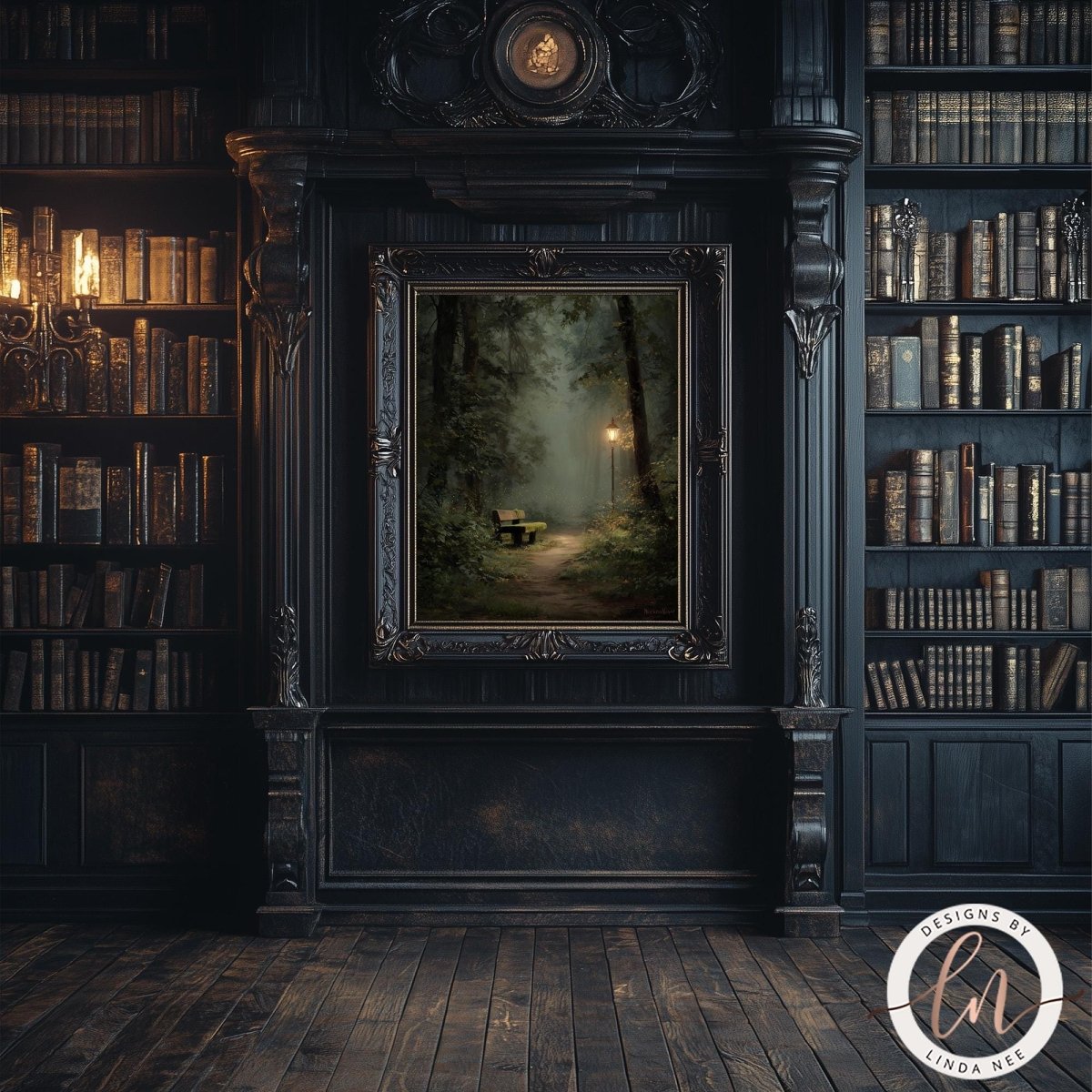 a serene and cozy library setting, with a large painting of a forest path and a bench in the center. The painting is framed in an ornate black frame, adding an elegant touch to the room. The room is filled with numerous bookshelves, showcasing a vast collection of books. The overall atmosphere of the room is warm and inviting, with the painting serving as a focal point and a source of inspiration for those who spend time in the space.