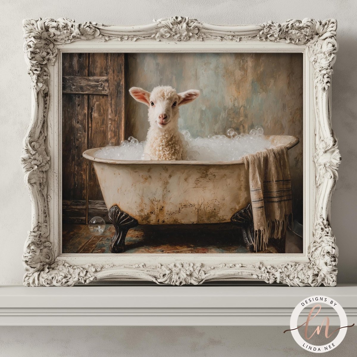 A lamb sitting in a bathtub filled with bubbles, surrounded by a rustic wooden background.