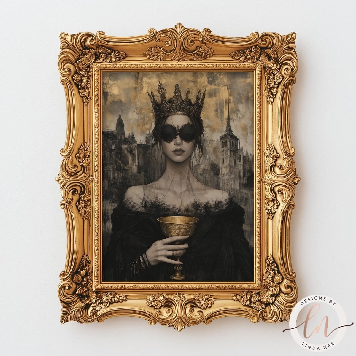 The image is a framed artwork depicting a woman wearing a crown and holding a golden chalice, set against a dark, ornate background.