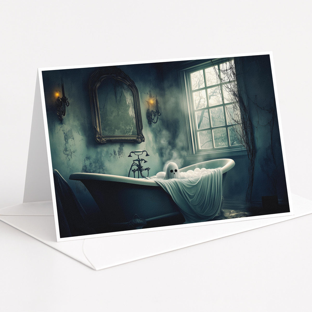 Ghost relaxing in a clawfoot bathtub by candlelight, 5x7 blank note card by Designs by Linda Nee