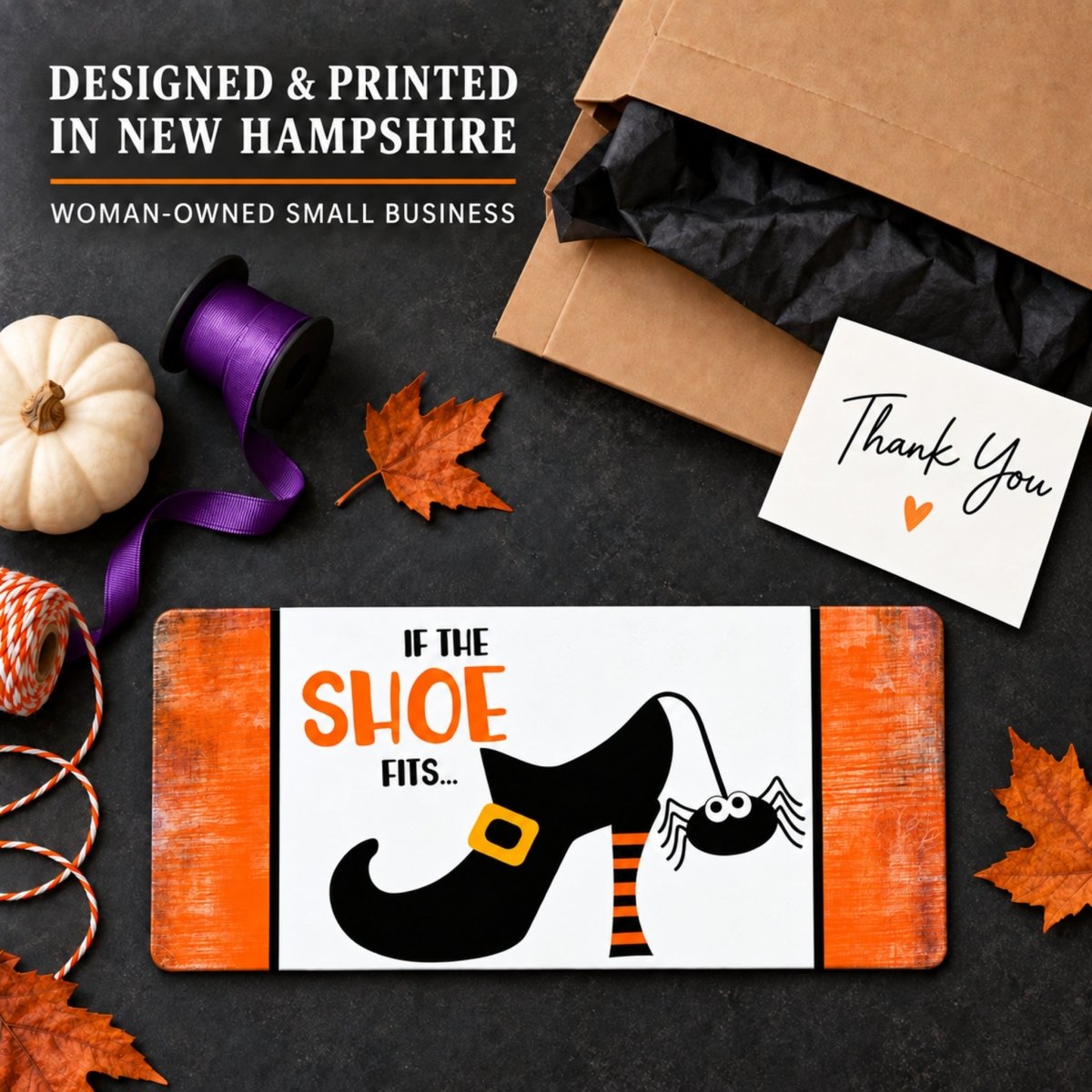 Witch Shoe and Spider sign packaged as a gift with a thank you note
