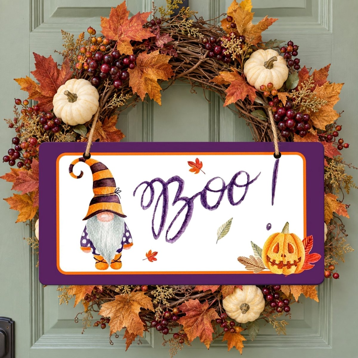 Boo Gnome sign centered in a door wreath