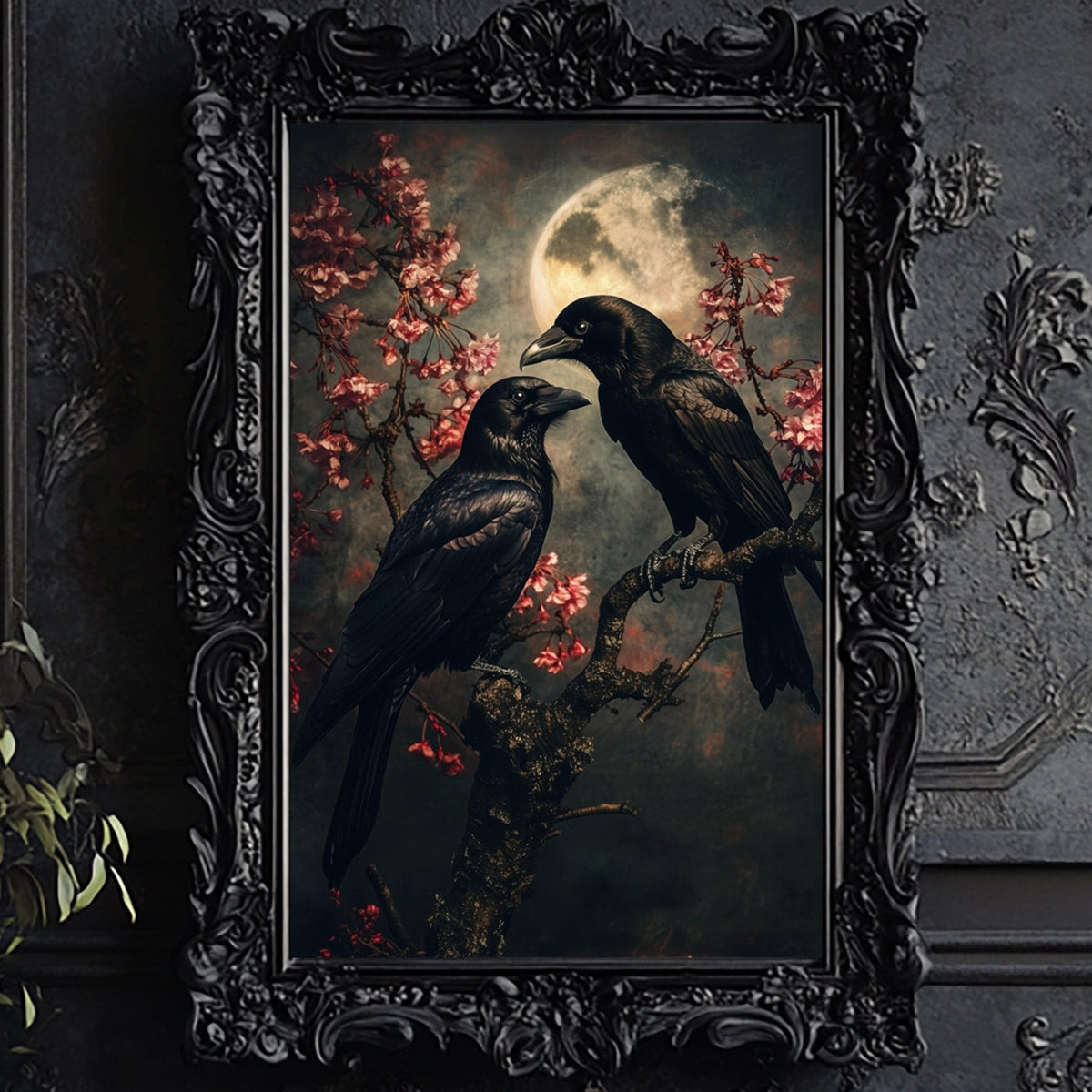 two black birds perched on a branch, with a full moon and pink flowers in the background.