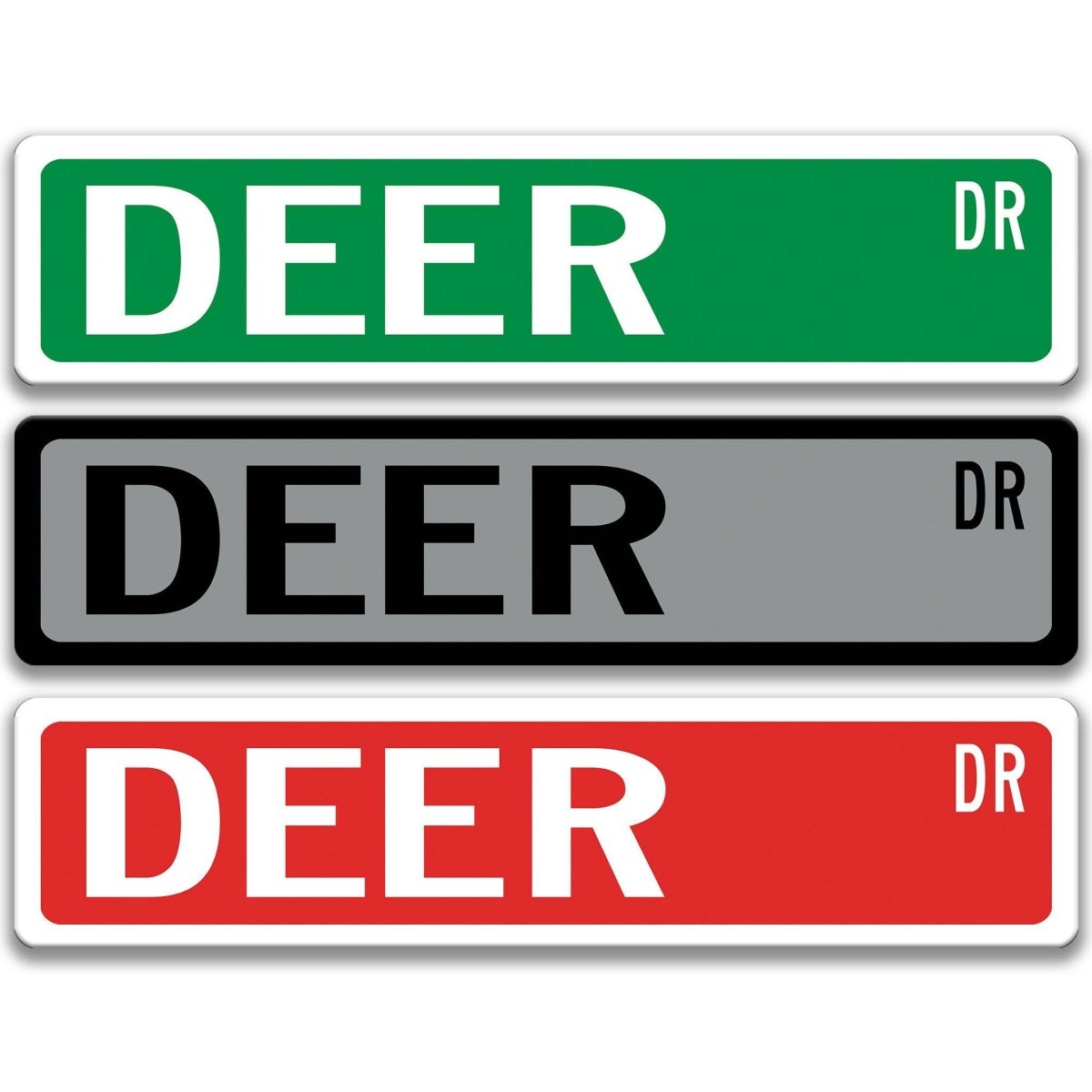 Deer metal street sign shown in red, yellow, and blue background colors