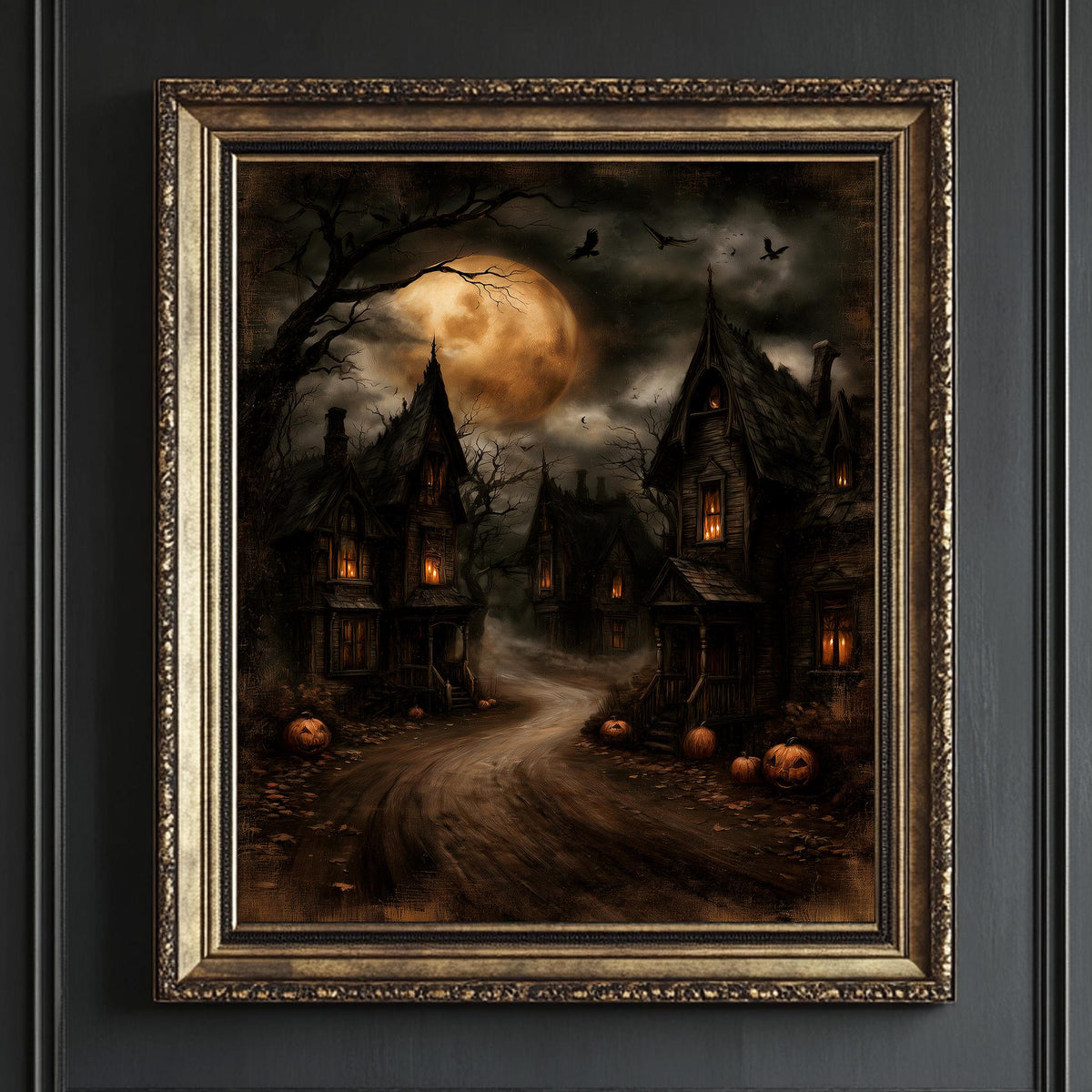 Moonlit path into the village with bats silhouetted against the night sky