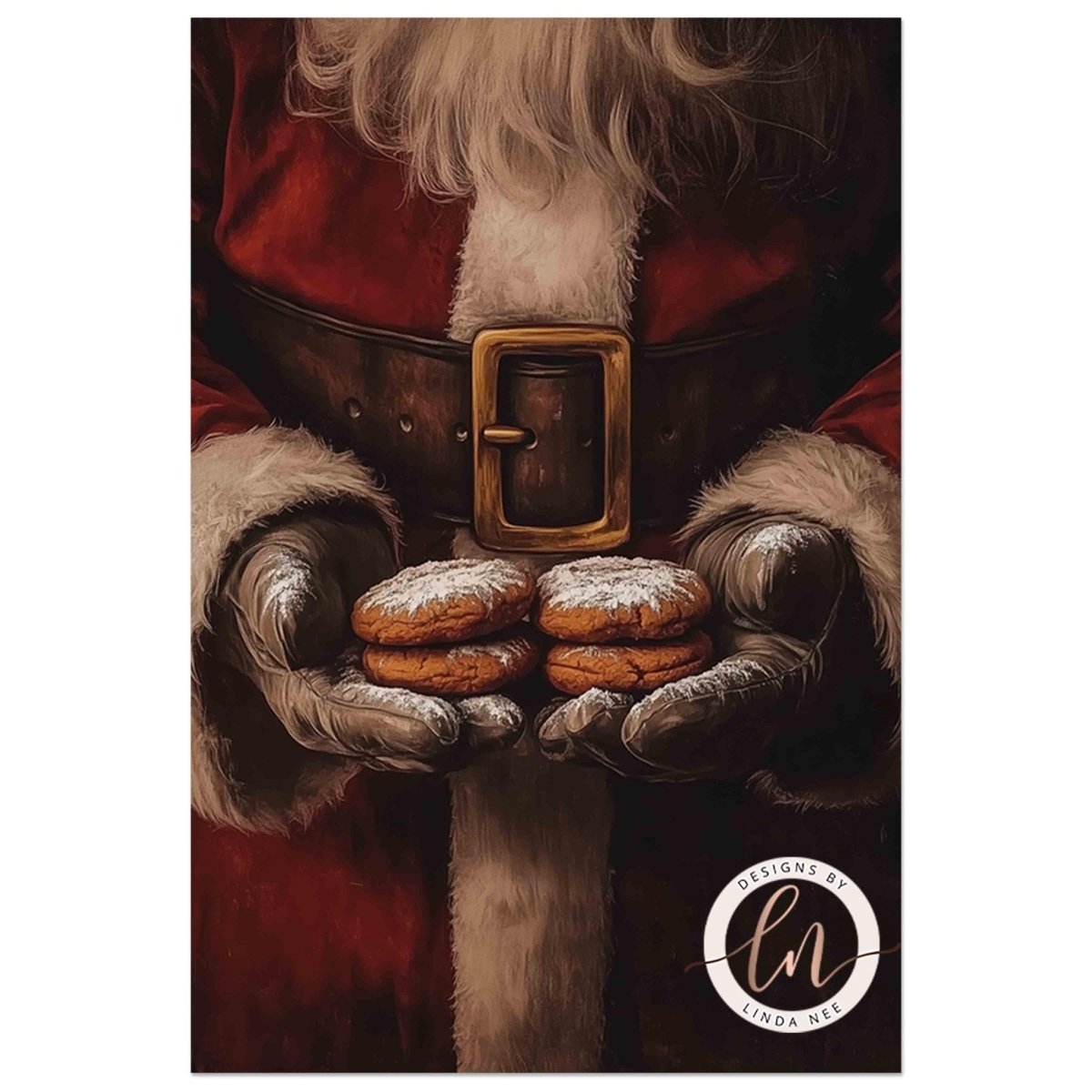 Close crop of Santa's gloved hands holding a stack of powdered sugar cookies