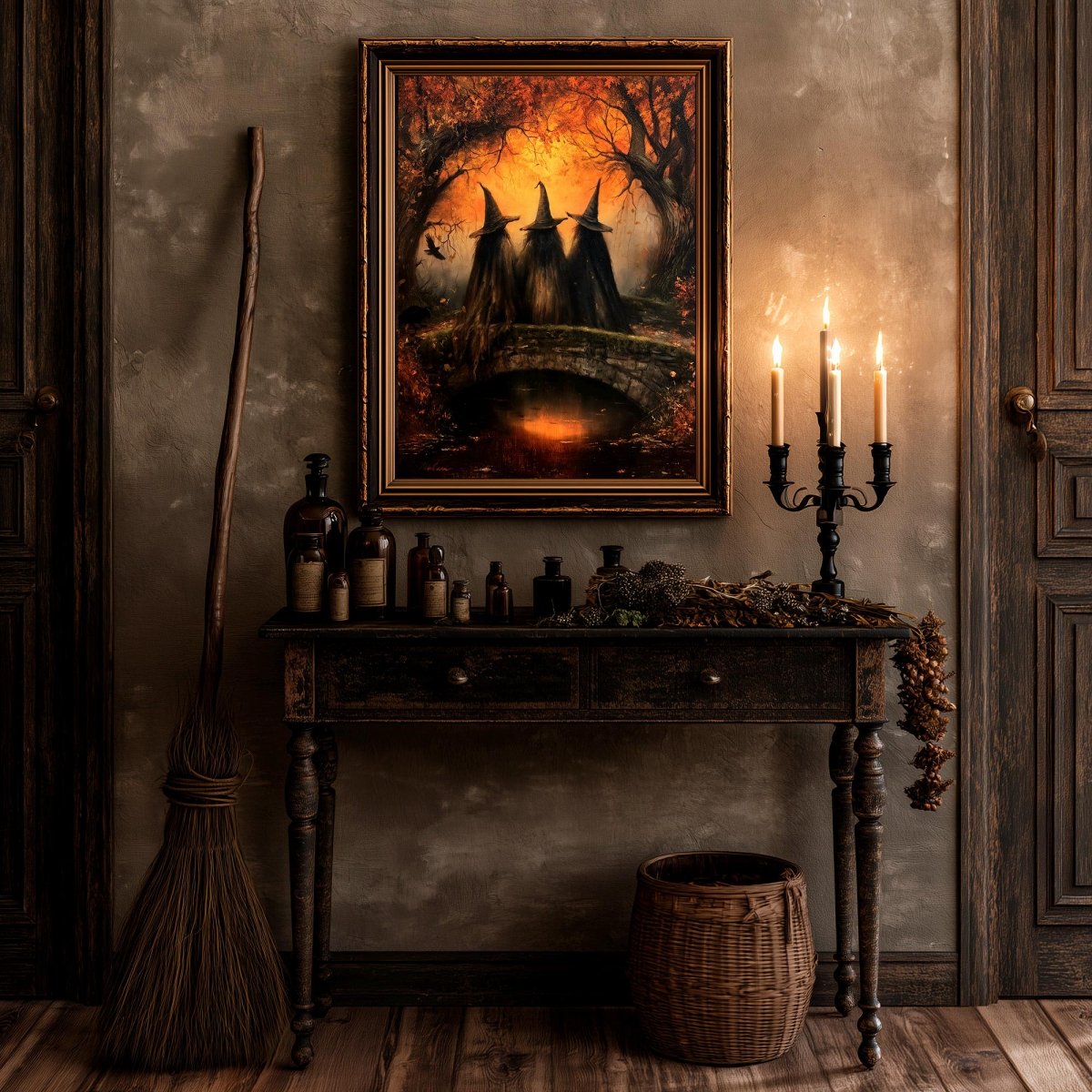 Witches on a stone bridge print with a candelabra, bottles, and a broom