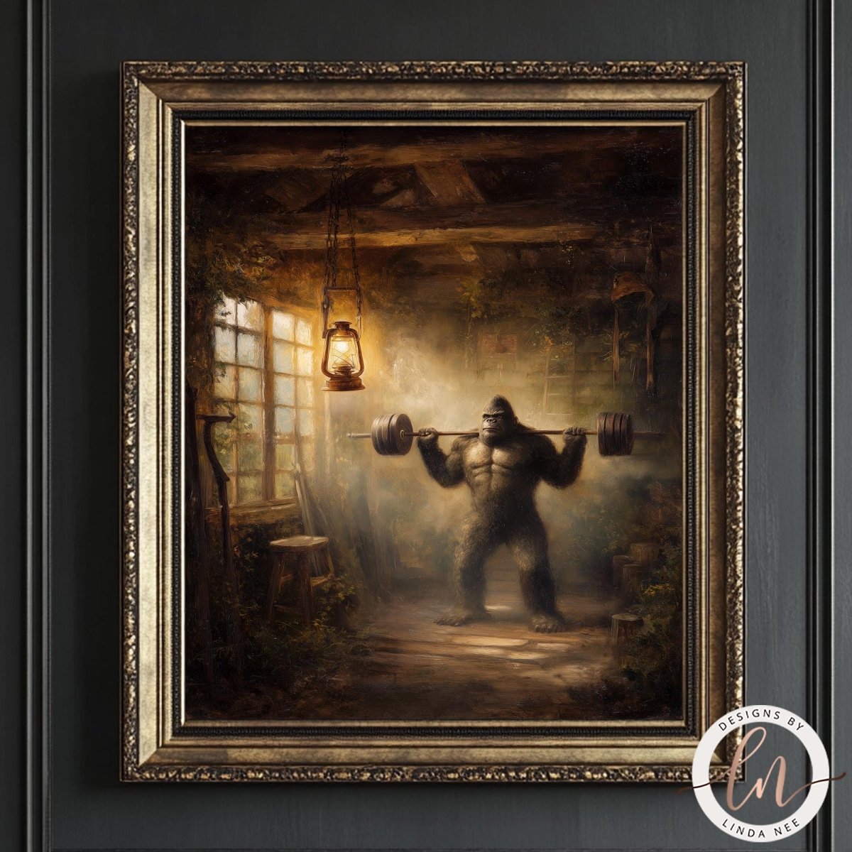 Fine art by Linda Nee featuring Bigfoot squatting with a heavily loaded barbell inside a rustic cabin gym, surrounded by warm lantern light, wood beams, smoky shadows, and a funny leg day fitness theme.