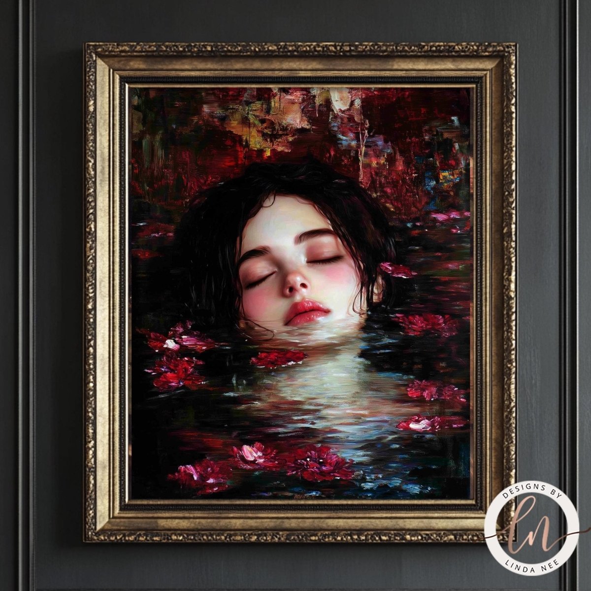 Peaceful face in still water surrounded by pink flowers