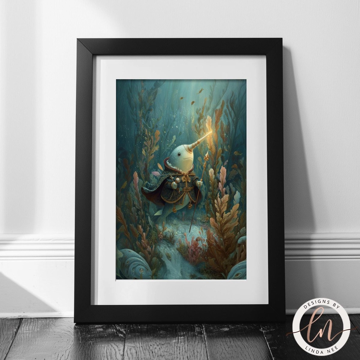 The image is a framed artwork depicting a fantastical underwater scene with a creature resembling a mermaid or sea serpent, surrounded by vibrant marine life and plants.