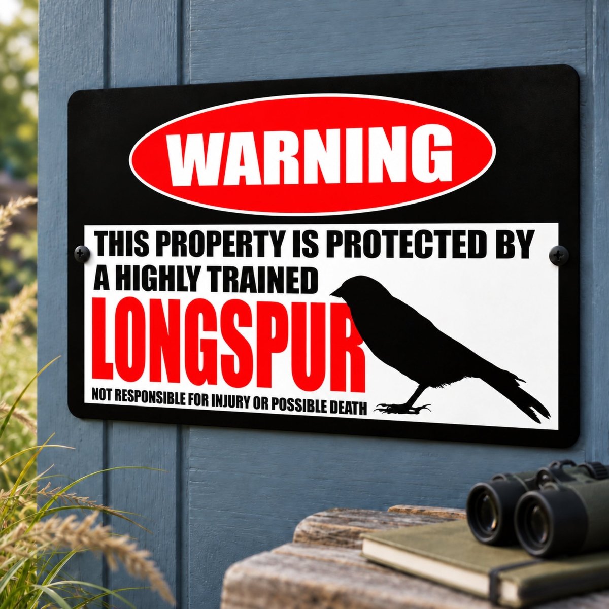 Highly trained longspur metal warning sign that ends with not responsible for injury or possible death