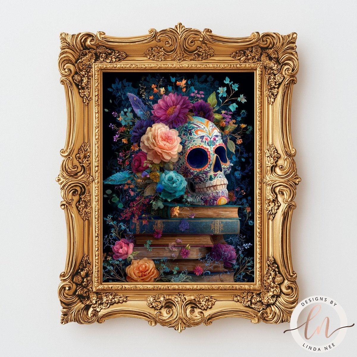 a framed artwork depicting a skull surrounded by a vibrant floral arrangement, including roses, lilies, and other colorful flowers. The artwork is displayed on a white wall, and the frame is ornate and gilded, adding an elegant touch to the overall presentation.