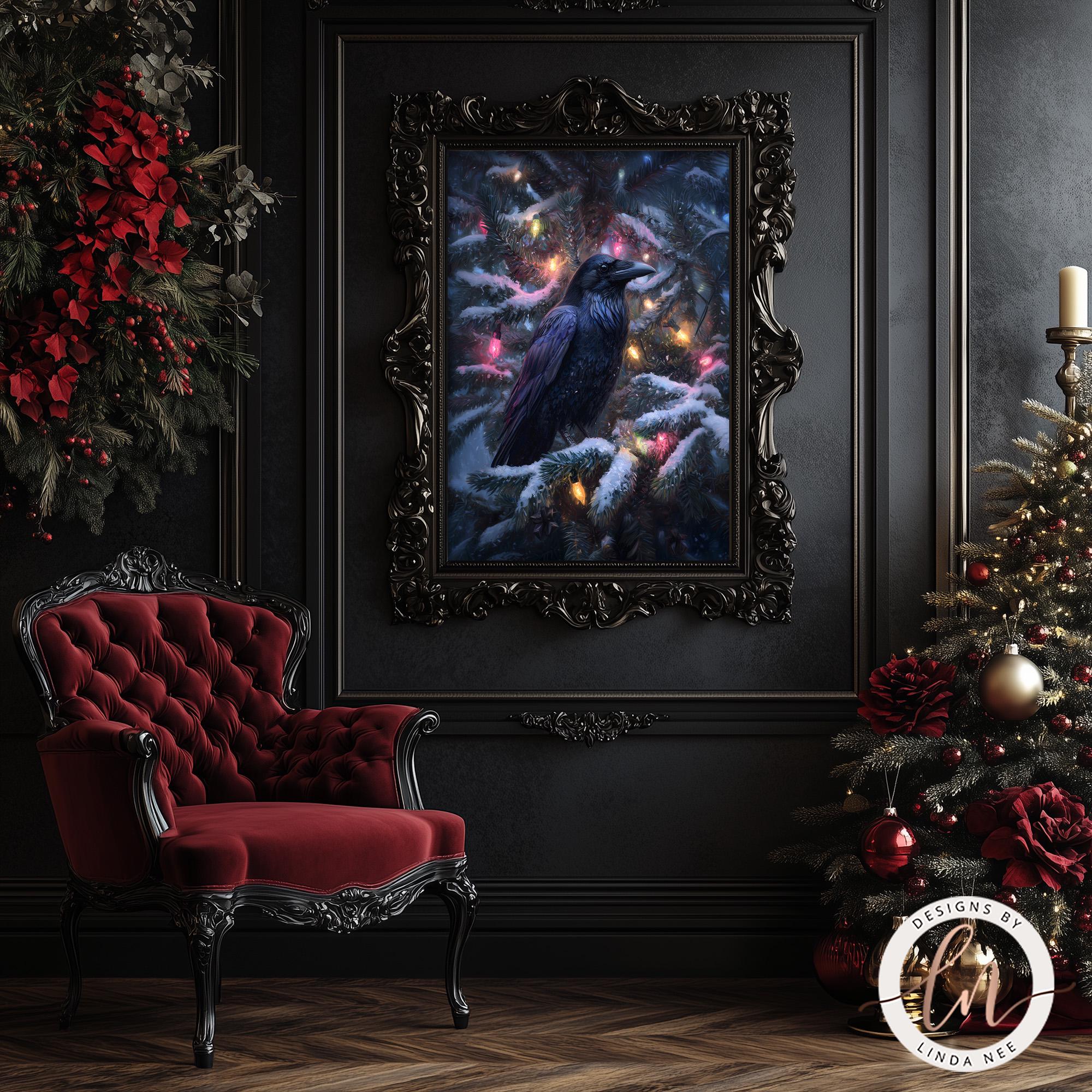 a dark, ornate room with a large, ornate black frame hanging on the wall. The frame contains a painting of a black bird perched on a snowy branch, surrounded by twinkling lights. The room also includes a red velvet armchair, a Christmas tree, and a red rose, creating a festive and elegant atmosphere.