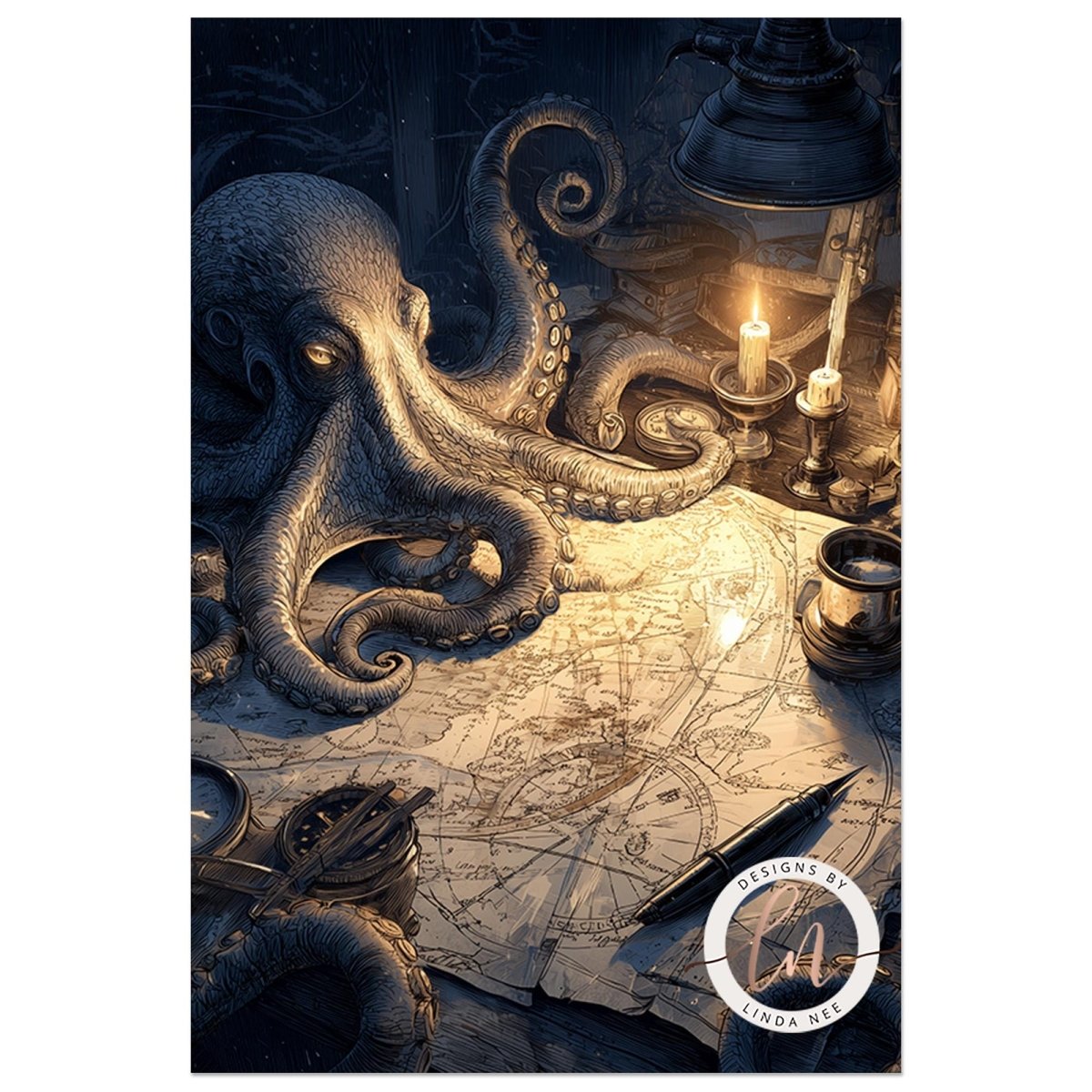 an octopus with tentacles spread out, surrounded by various objects such as a map, a lantern, and a compass.