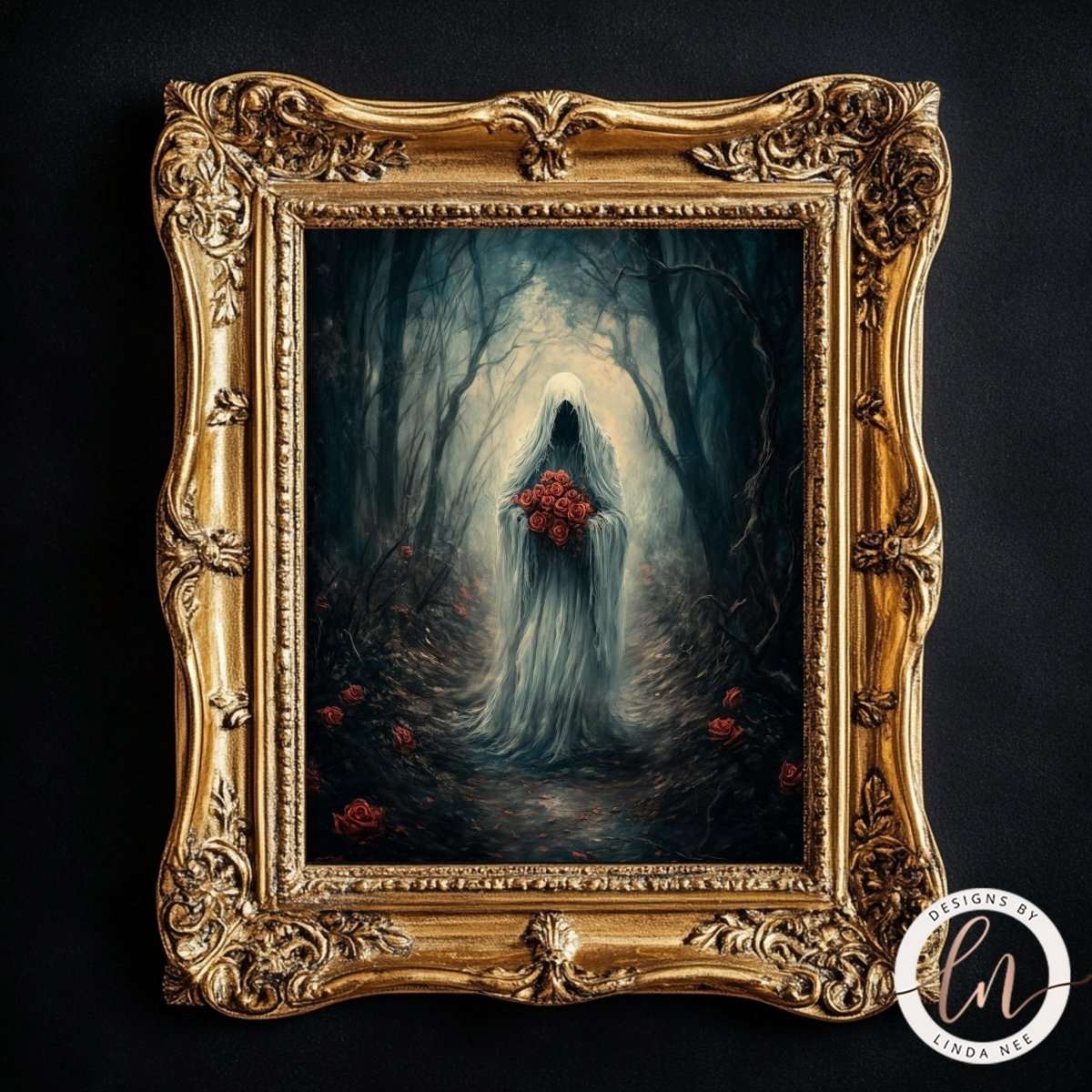 Ethereal ghostly figure standing in a dark misty forest setting