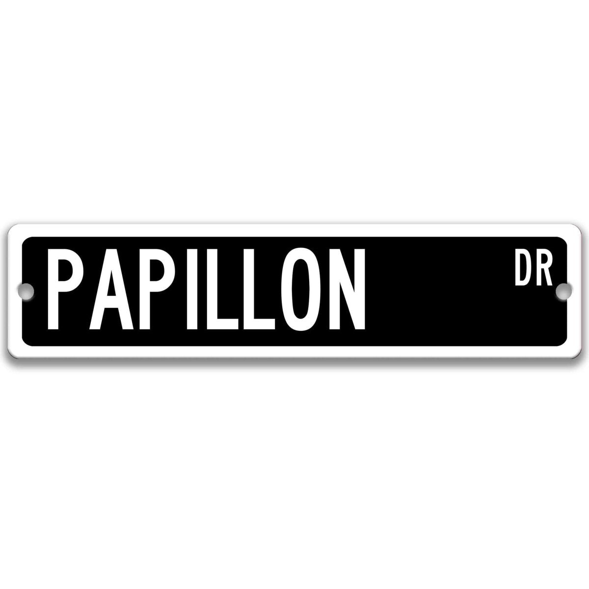 Black Papillon DR aluminum street sign with white lettering