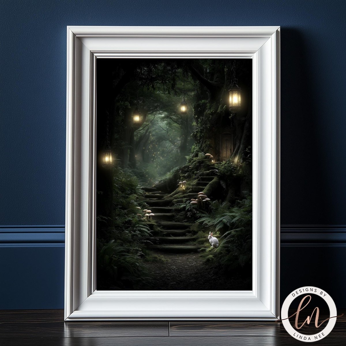 A framed image depicting a serene forest path with a small rabbit sitting on the steps, surrounded by lush greenery and illuminated by the soft glow of lanterns hanging from the trees.