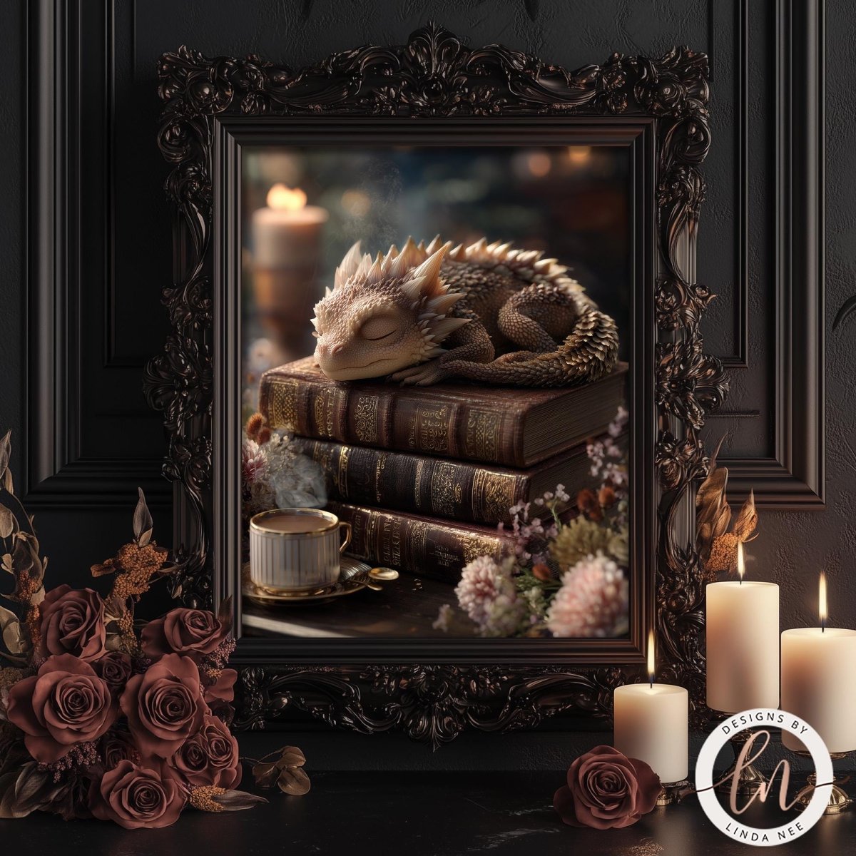 A framed image depicting a sleeping dragon resting on a stack of books, surrounded by candles, flowers, and a cup of tea.