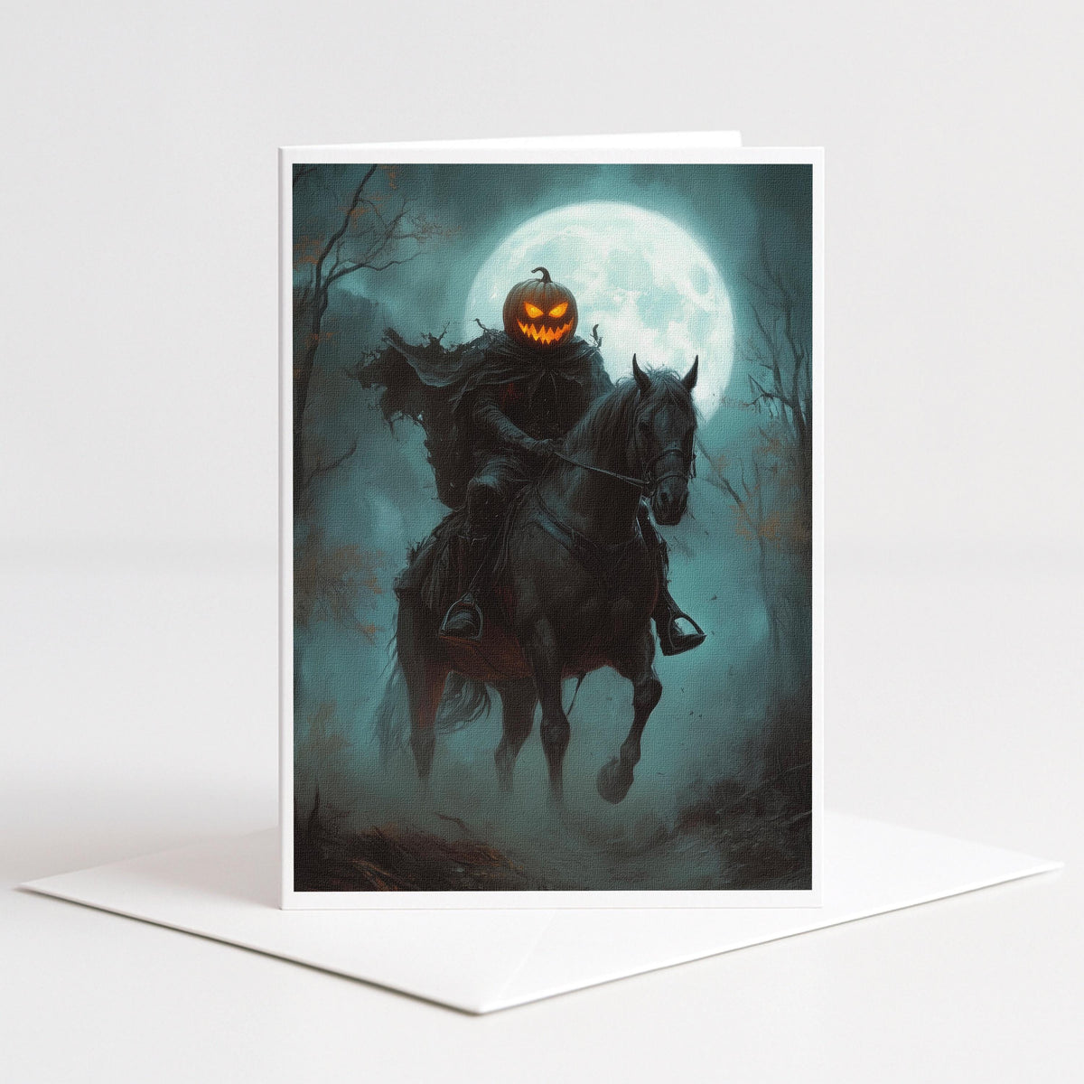 Pumpkin headed horseman riding through moonlit mist and fog, 5x7 blank note card