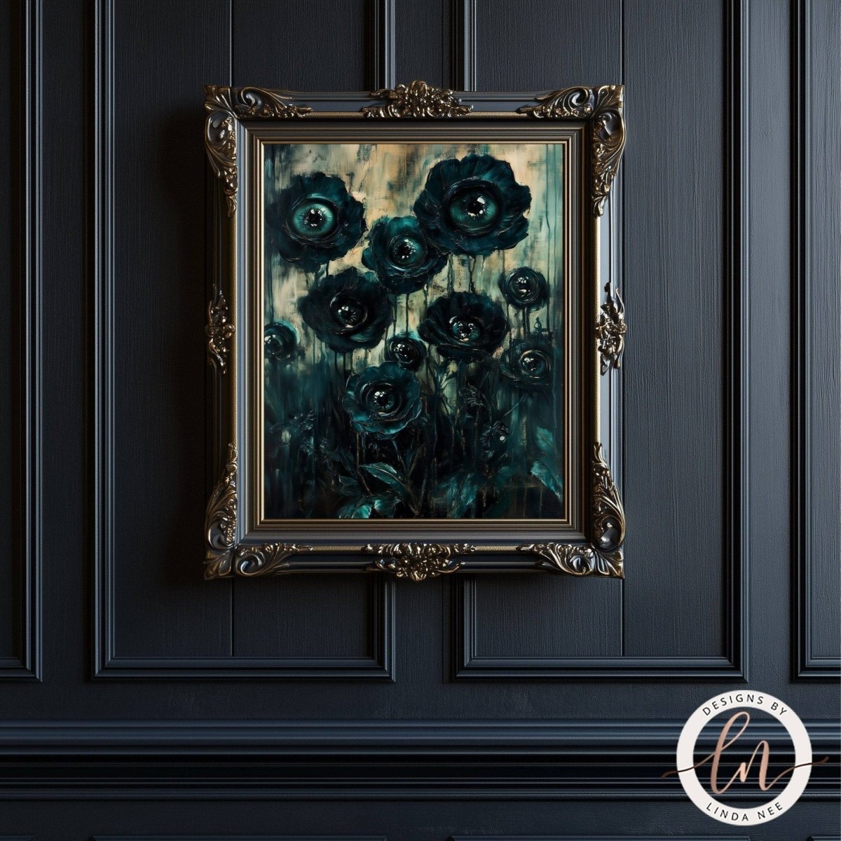 Close view of the dark green flowers with a moody color palette