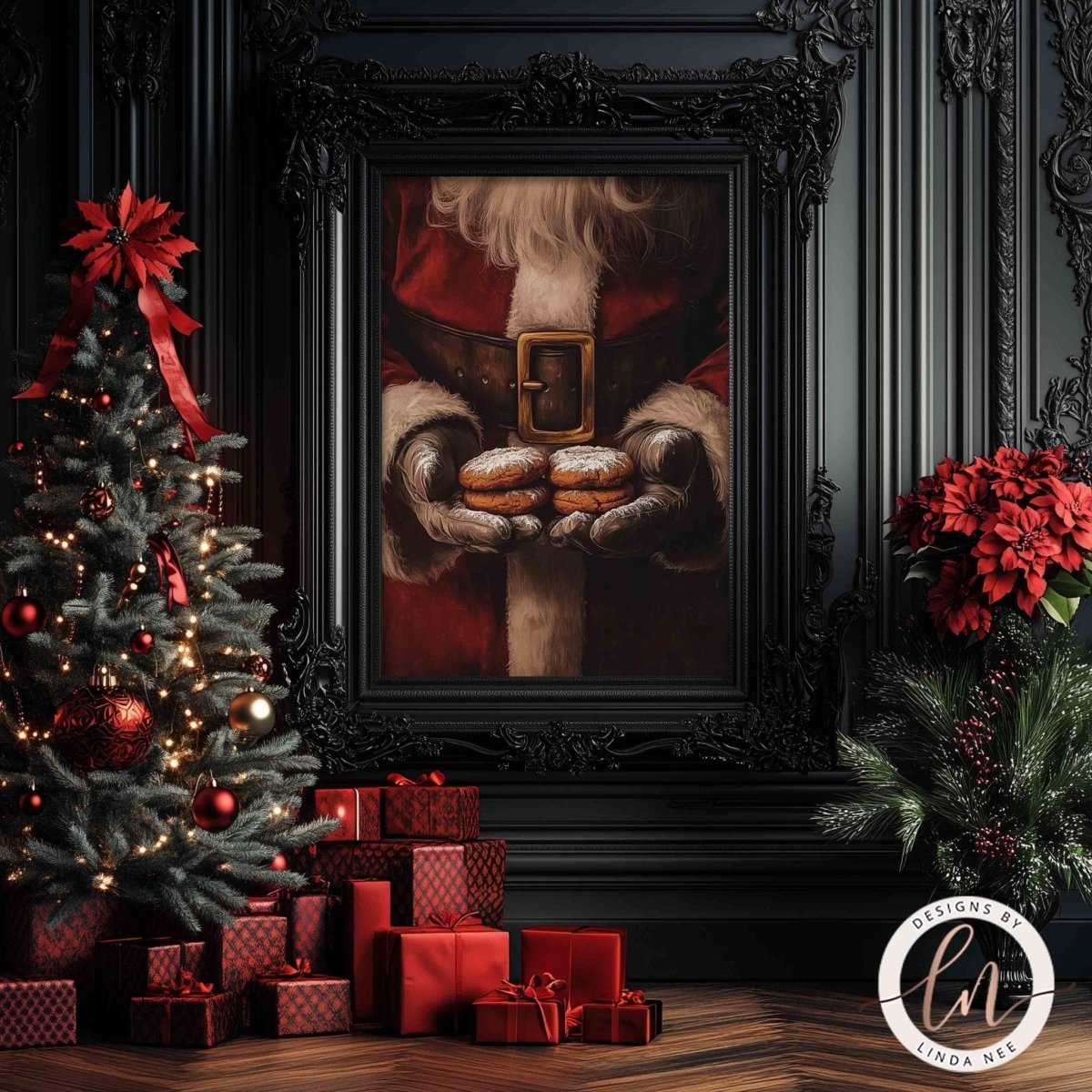 Santa holding cookies artwork displayed with presents and a poinsettia