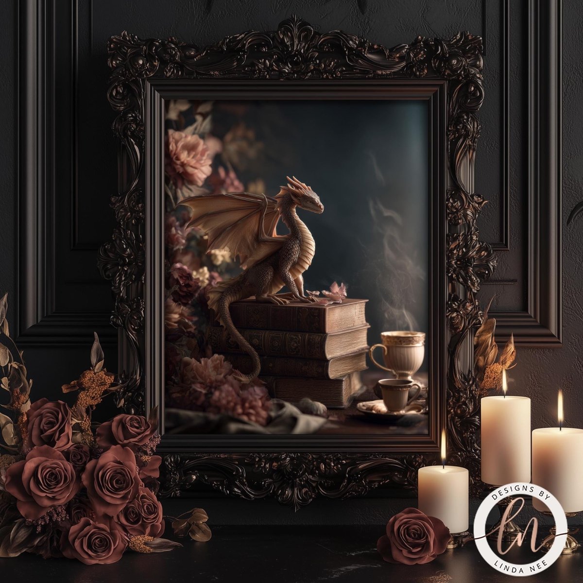 a dragon statue perched on a stack of books, surrounded by a floral arrangement and candles, all set within an ornate frame.