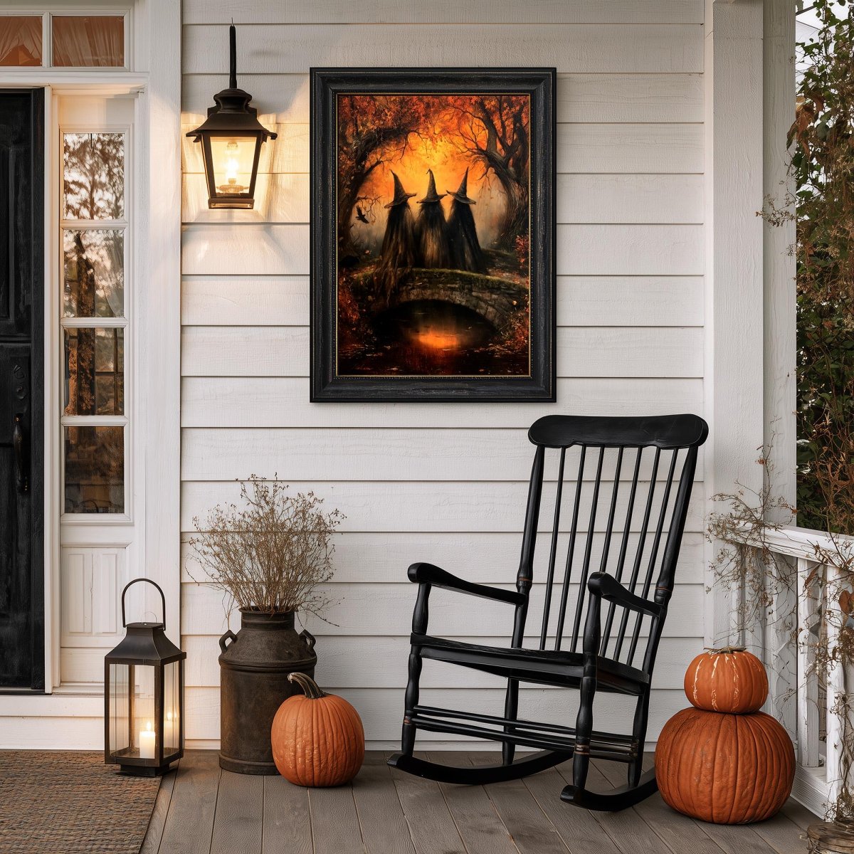 Autumn witches art print on a porch with a black rocking chair and pumpkins
