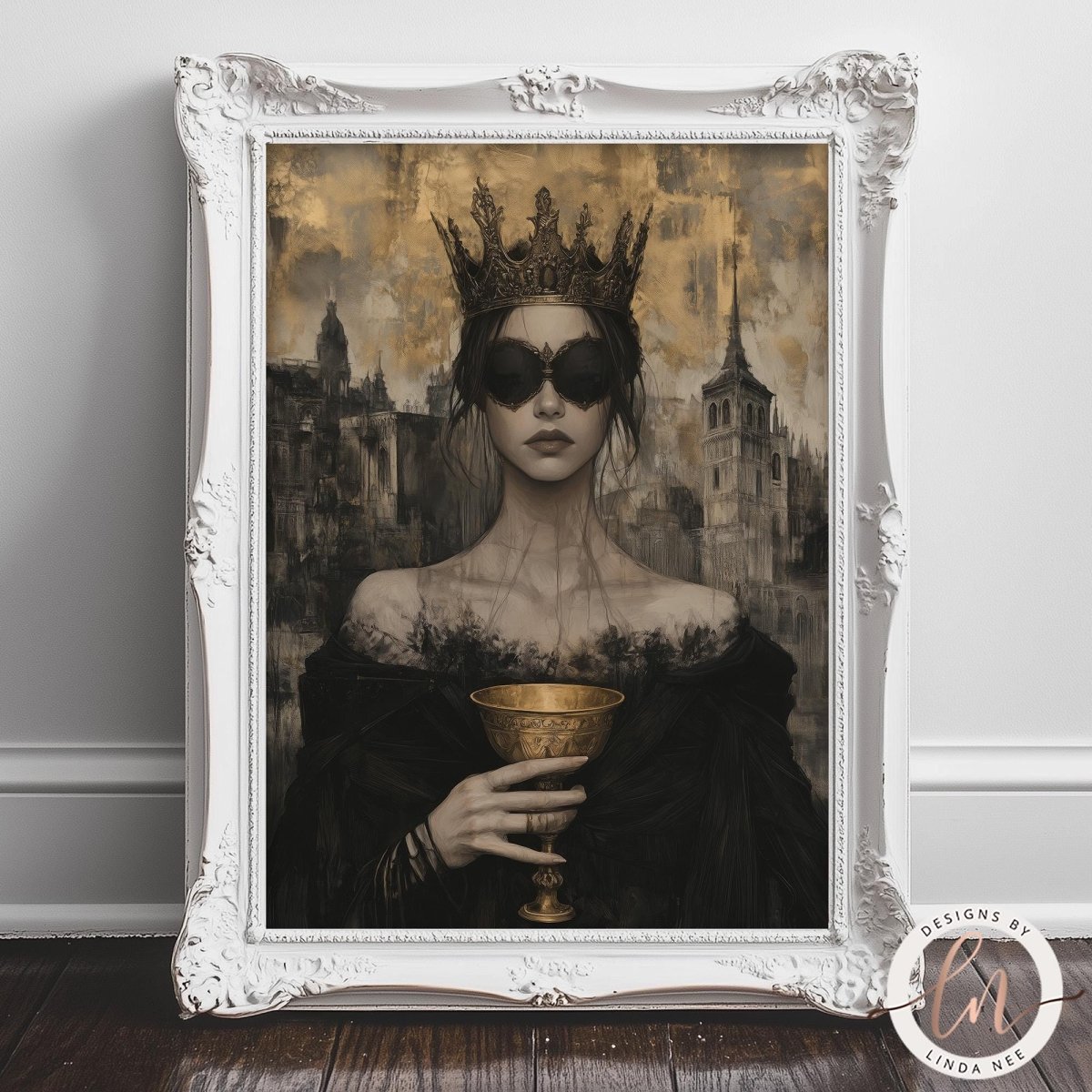 A framed painting depicting a woman wearing a crown and holding a golden chalice, with a cityscape in the background.