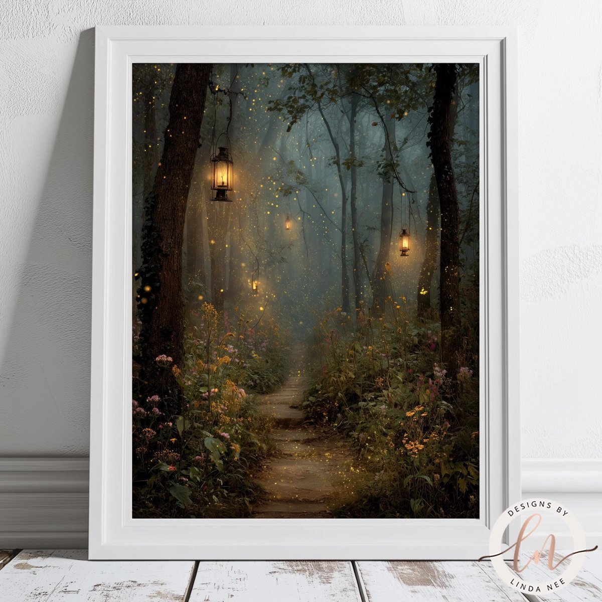 A serene forest path illuminated by lanterns, creating a magical and enchanting atmosphere.