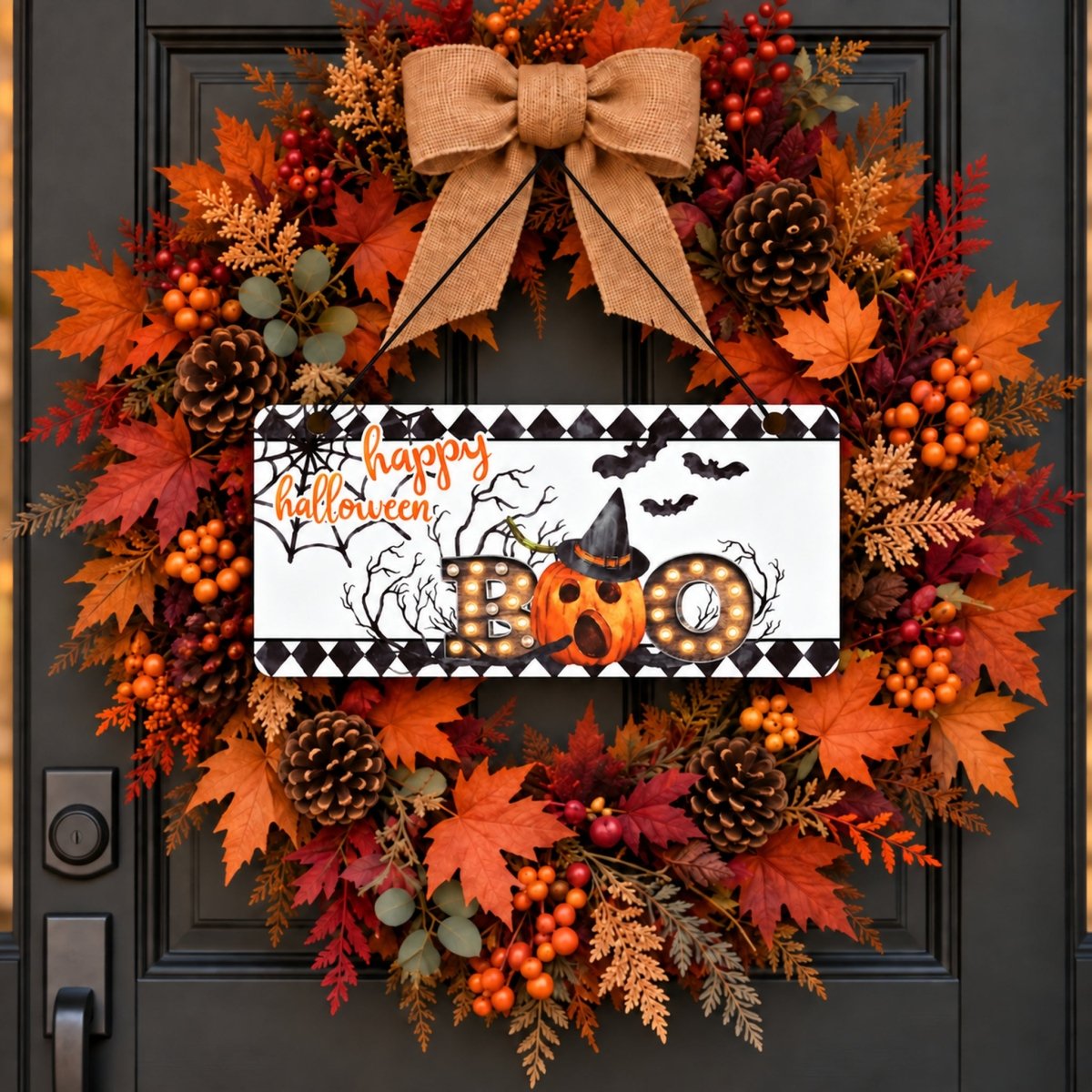 Happy Halloween Bats and Pumpkin sign centered in a door wreath