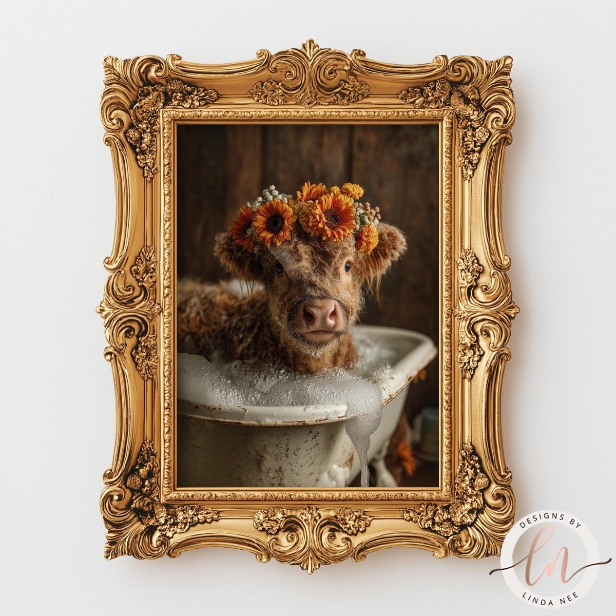A cow wearing a flower crown is sitting in a white bathtub, surrounded by a decorative gold frame.