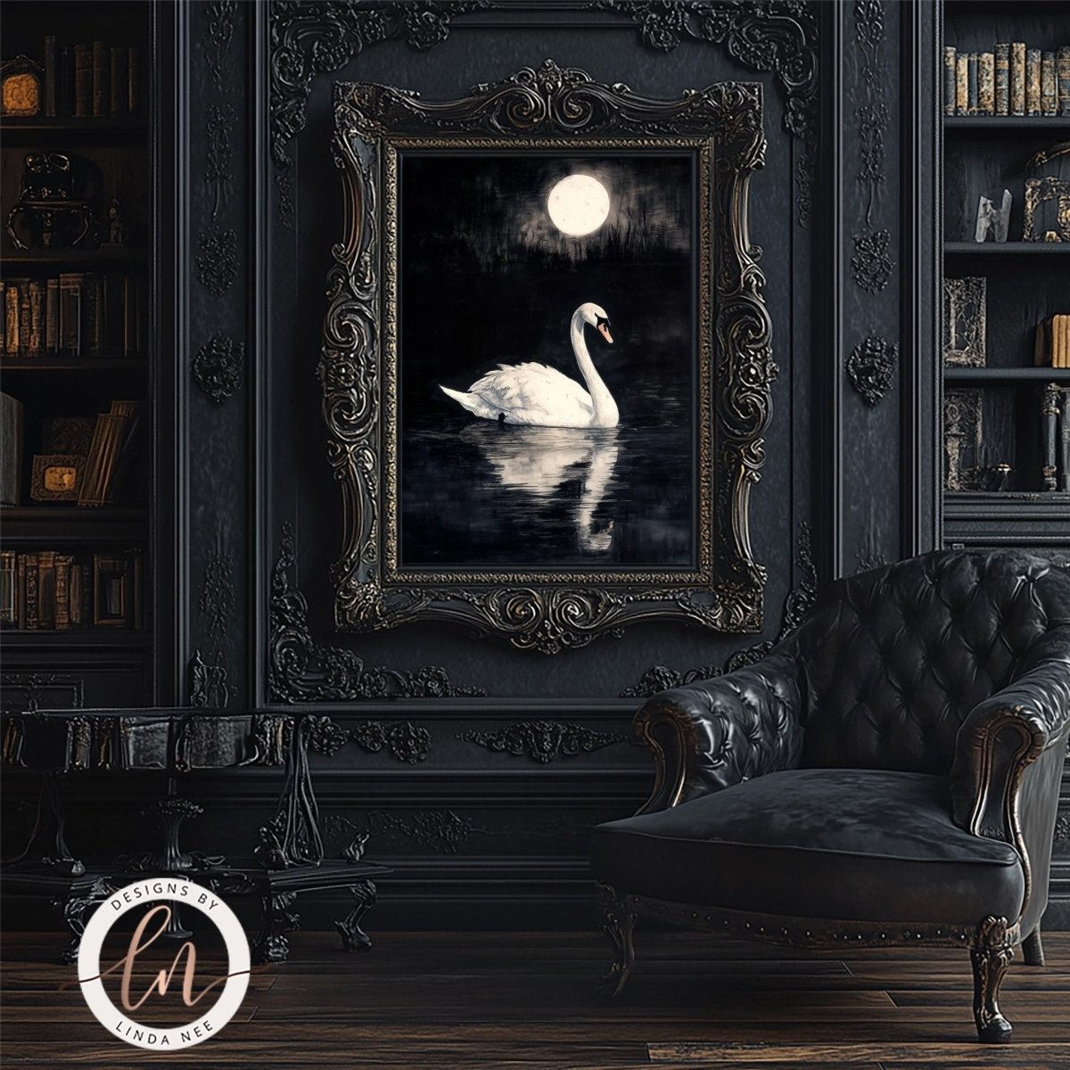 Swan wall art displayed in an ornate gilded frame with reflection
