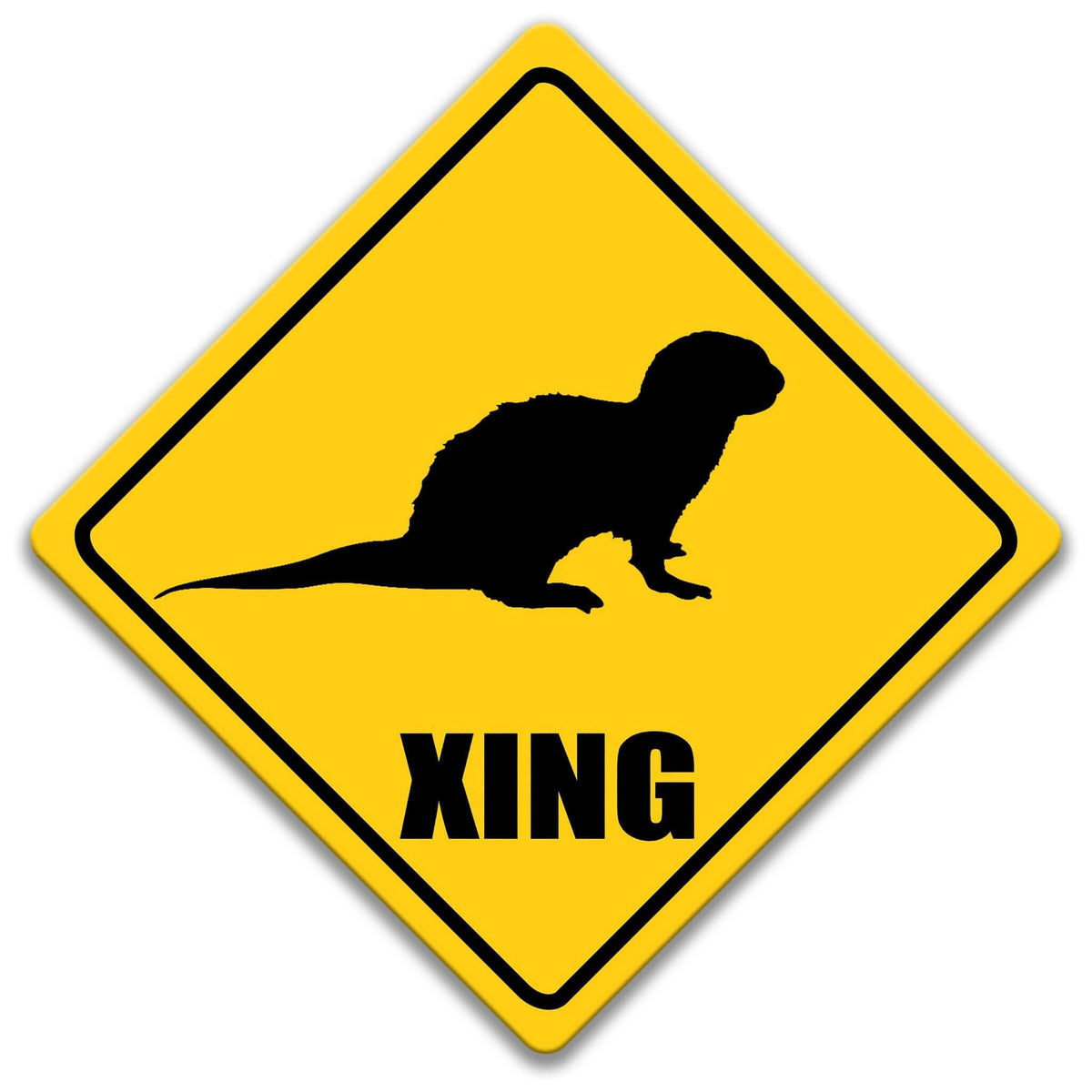 A yellow diamond-shaped road sign with a black silhouette of a beaver or similar animal.