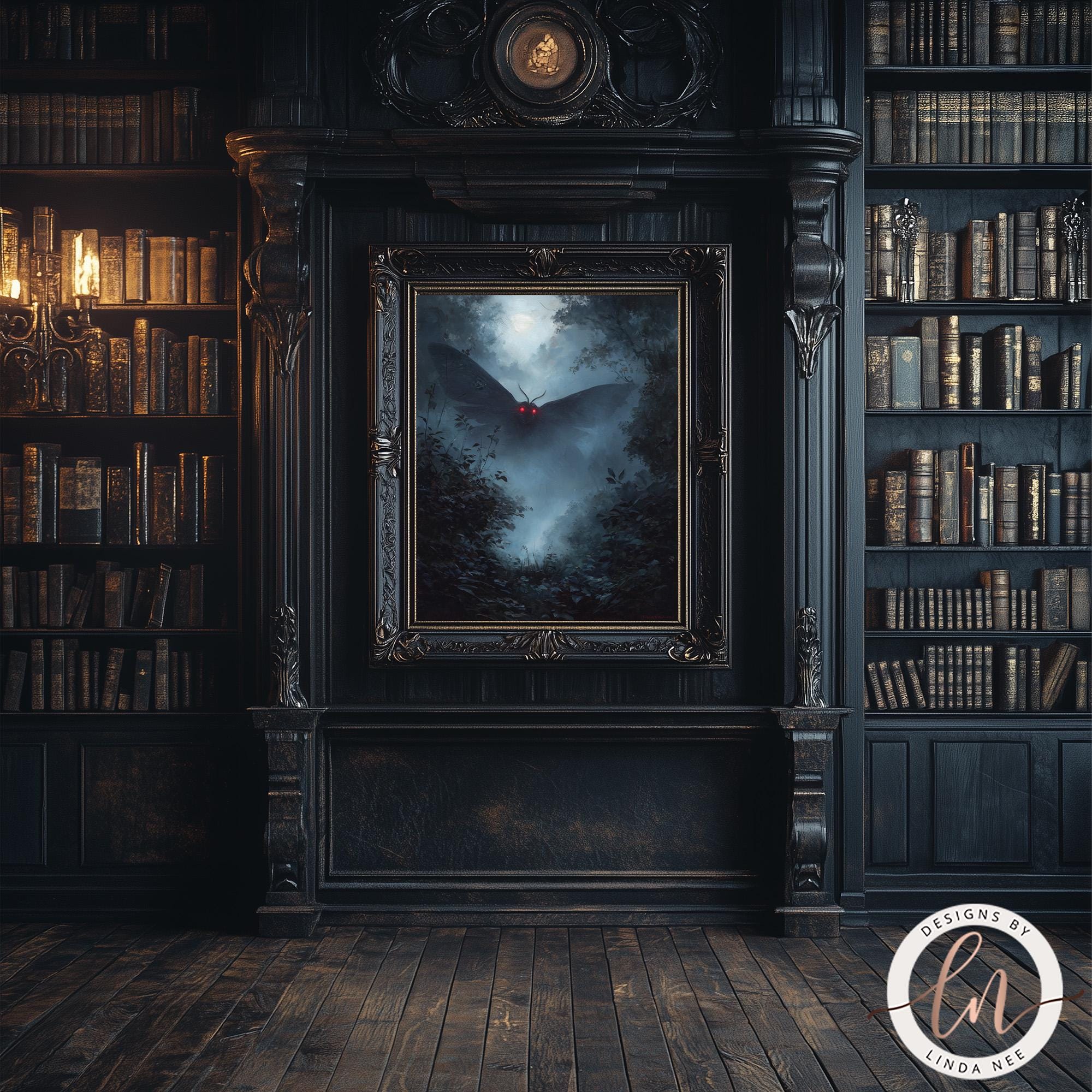 a dark, ornate room with a large bookshelf filled with books, a painting of a butterfly, and a chandelier.