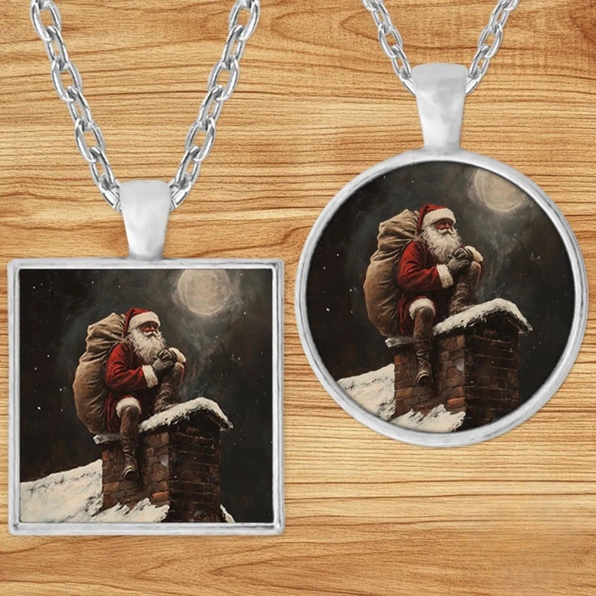 Santa on Chimney pendant necklace shown in round and square silver charm styles on a wood background