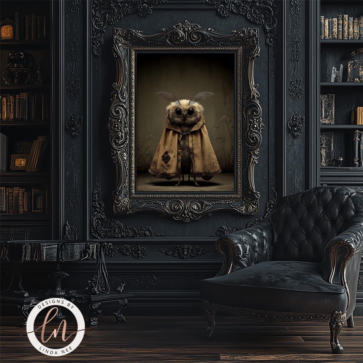 a dark, ornate room with a large, framed painting of an owl wearing a cape hanging on the wall. In the foreground, there is a black leather armchair, and a bookshelf filled with books can be seen in the background.