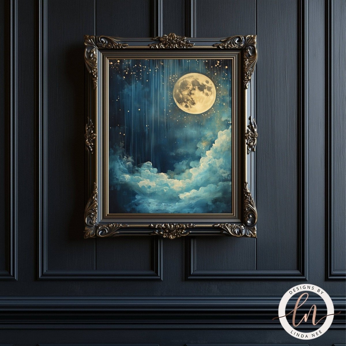 Golden streaking stars and full moon print in a gold frame
