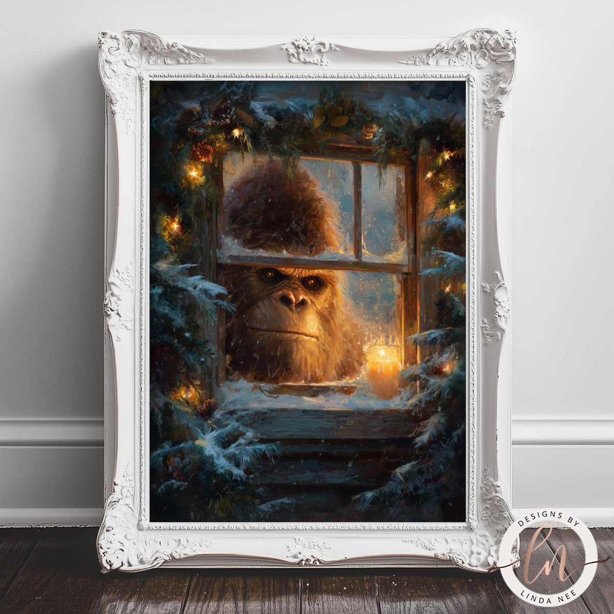 Close view of Bigfoot looking in through snowy glass surrounded by twinkling lights