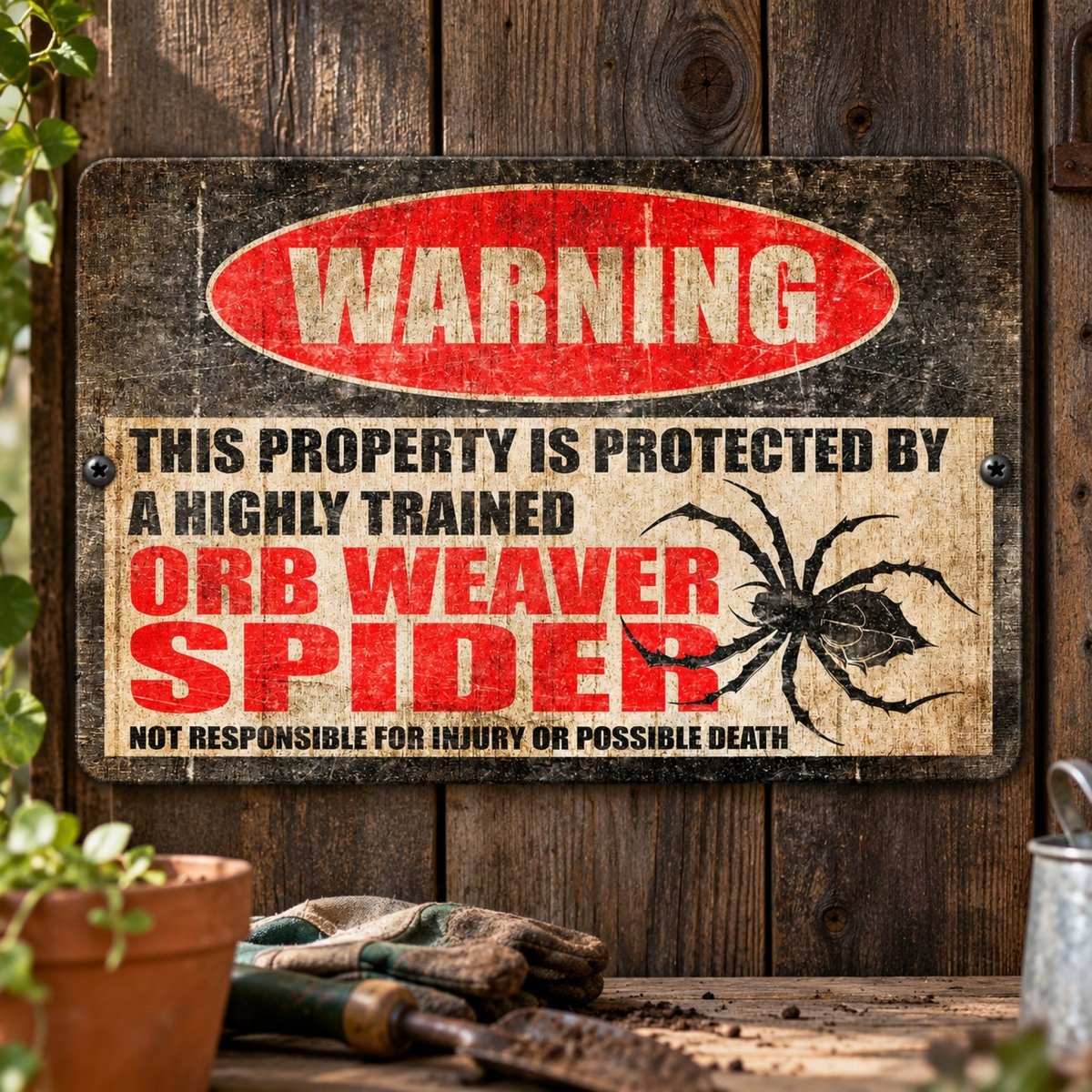 Weathered orb weaver spider metal warning sign with a black spider illustration under the highly trained spider message