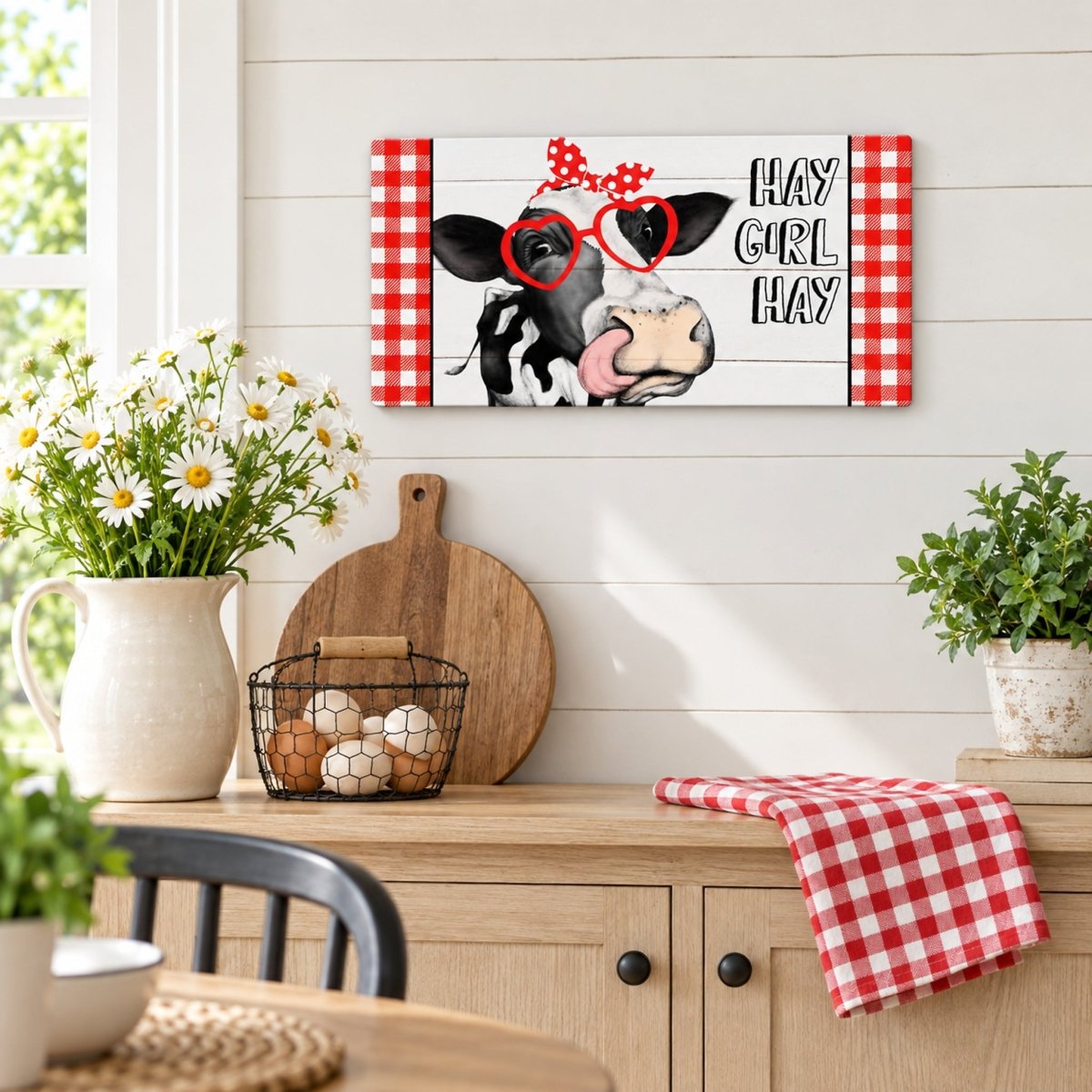 Hay Girl Hay Heifer sign on a farmhouse kitchen wall