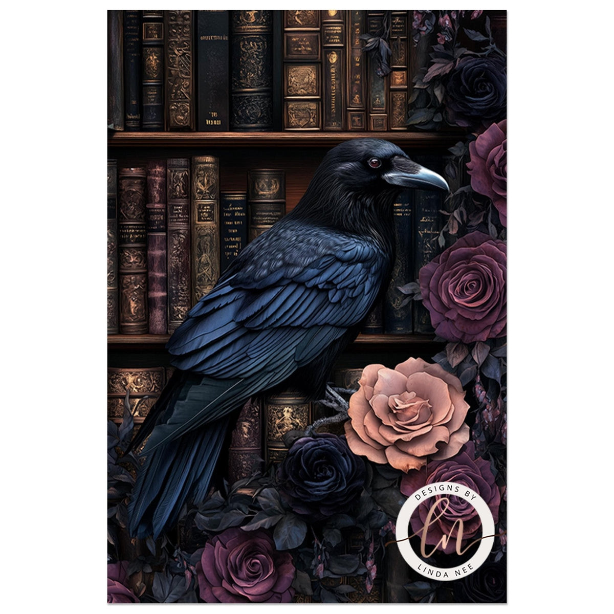 A black crow perched on a bookshelf filled with ornate books and surrounded by vibrant pink and purple flowers.