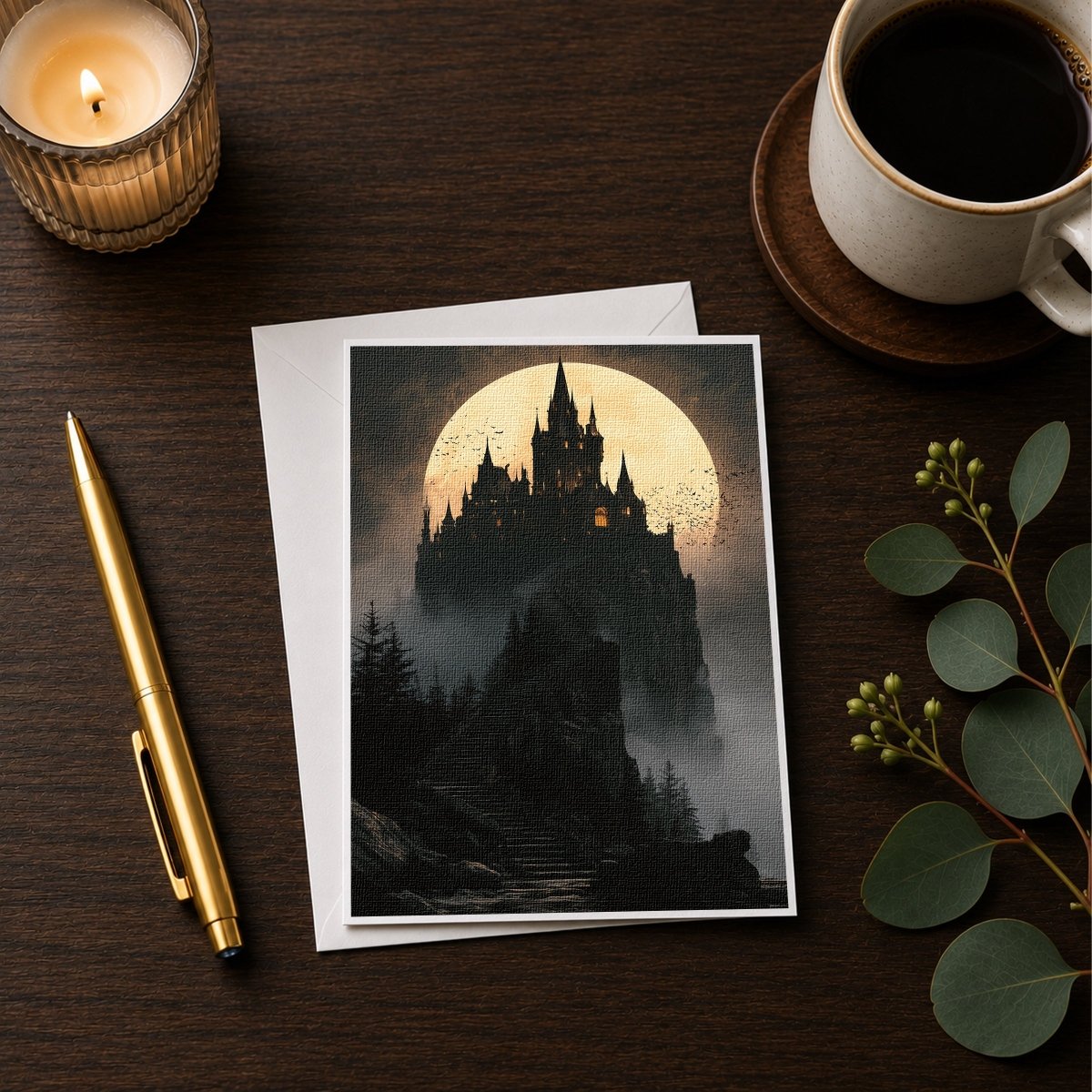 Dracula's castle Halloween note card styled with a candle, pen, and coffee cup on a wooden desk